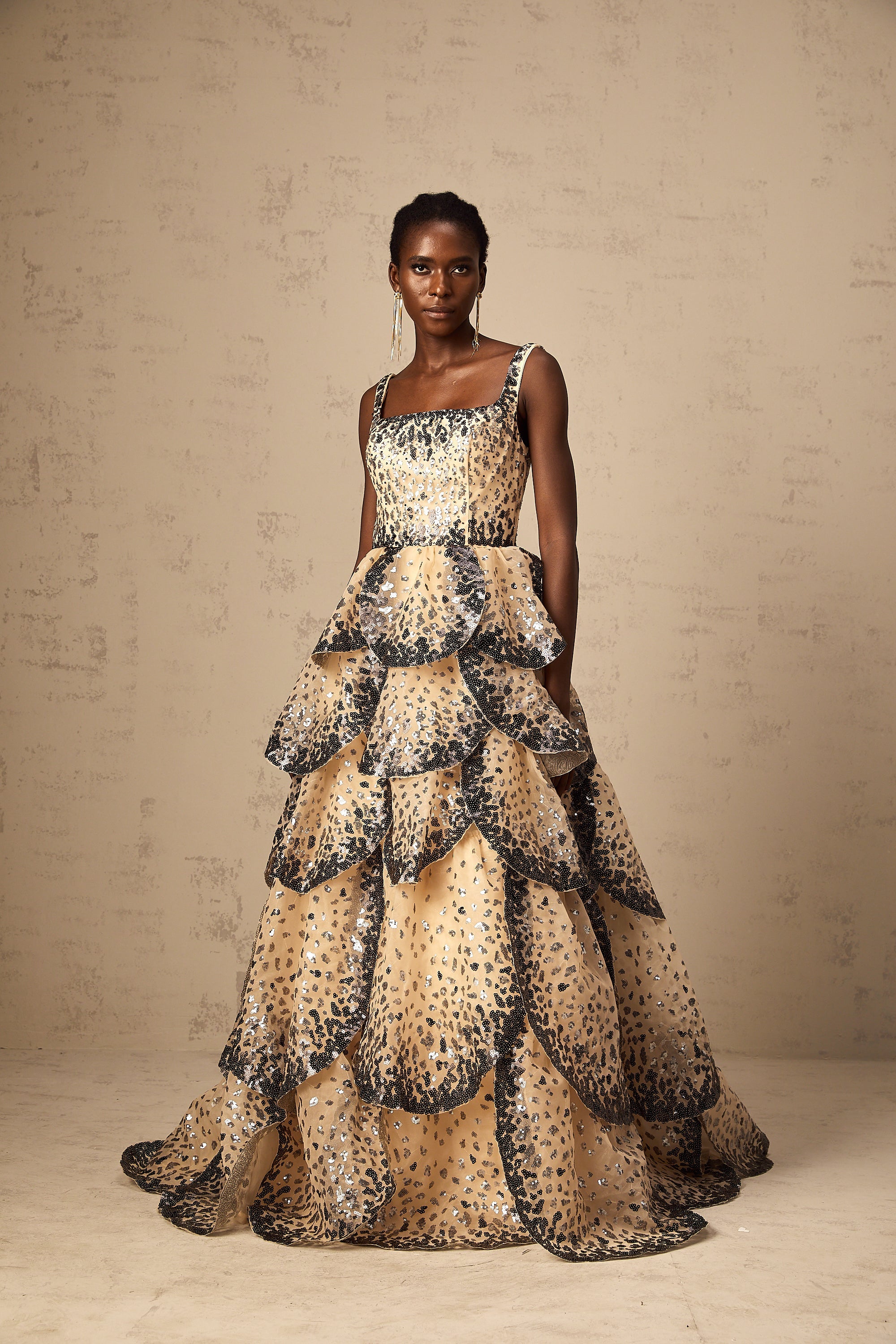 Flavie sequined petal tiered maxi dress