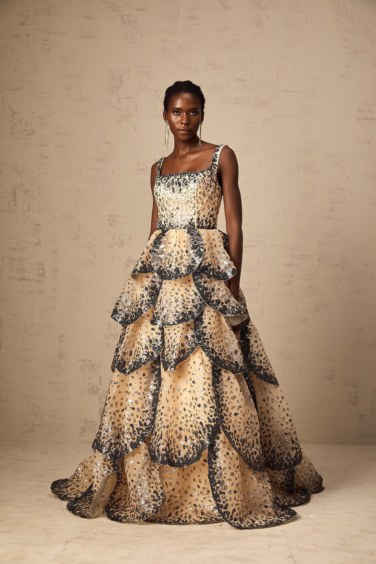 Flavie sequined petal tiered maxi dress