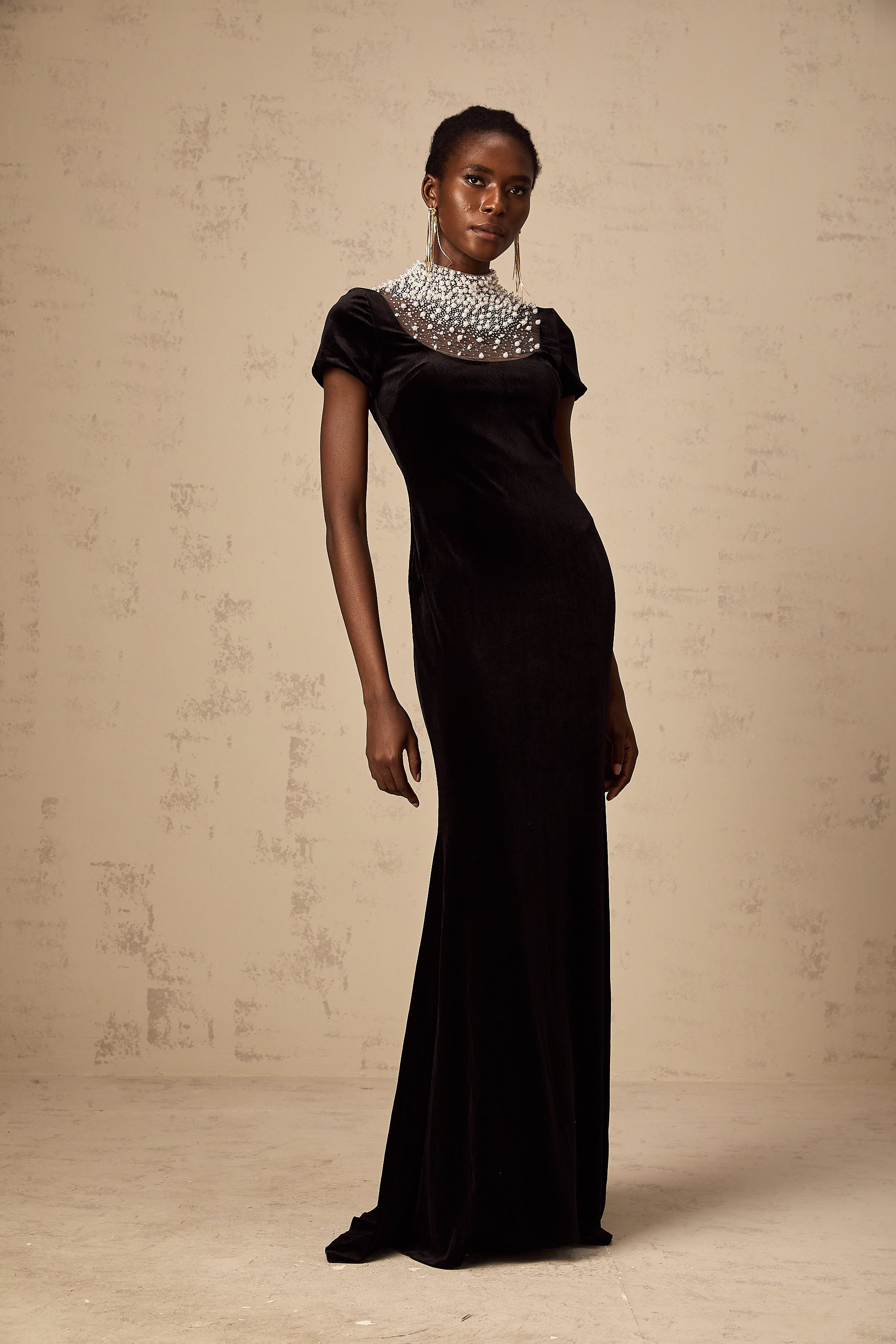 Kristin black faux-pearl embellished velvet maxi dress (US Only)