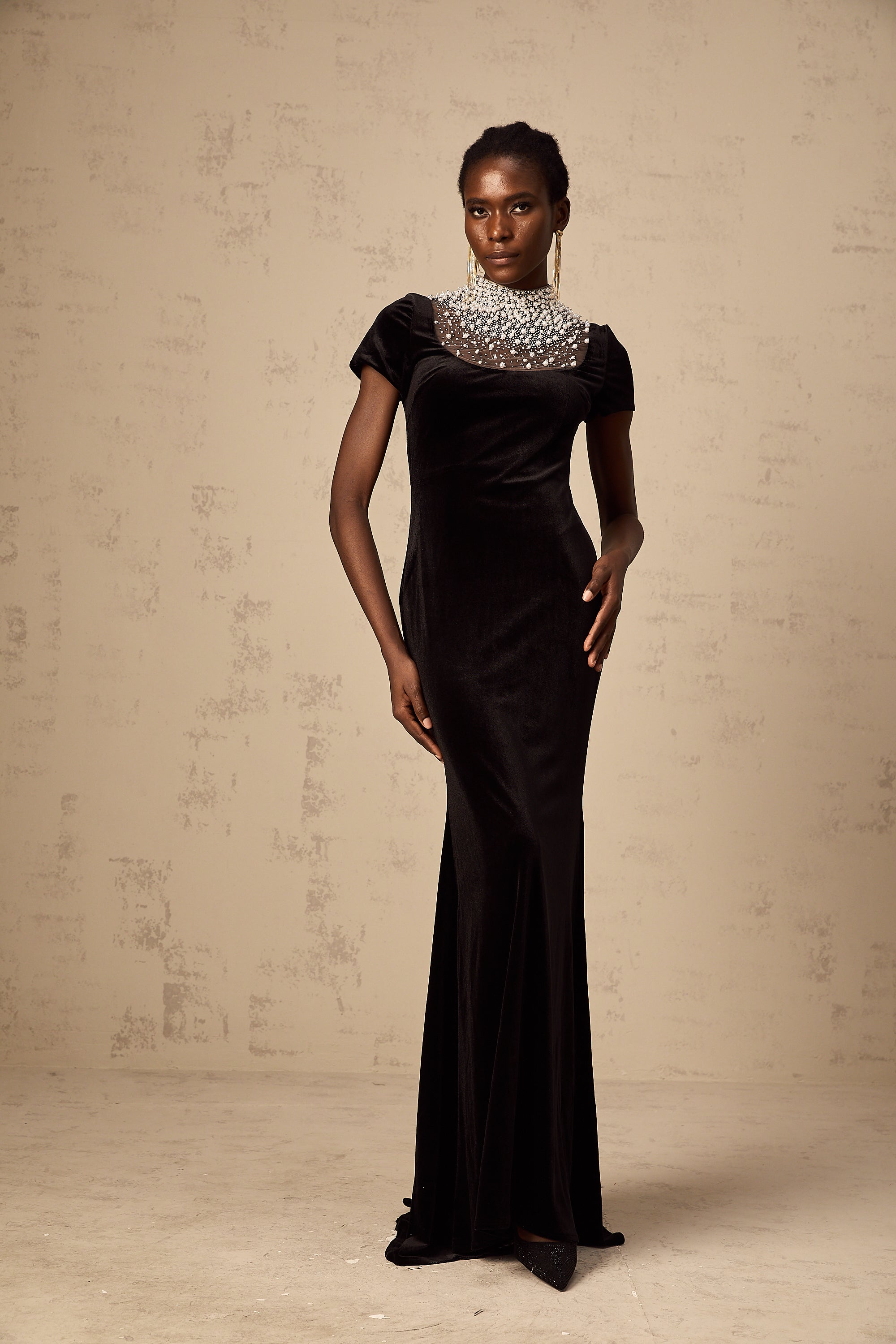 Kristin black faux-pearl embellished velvet maxi dress (US Only)