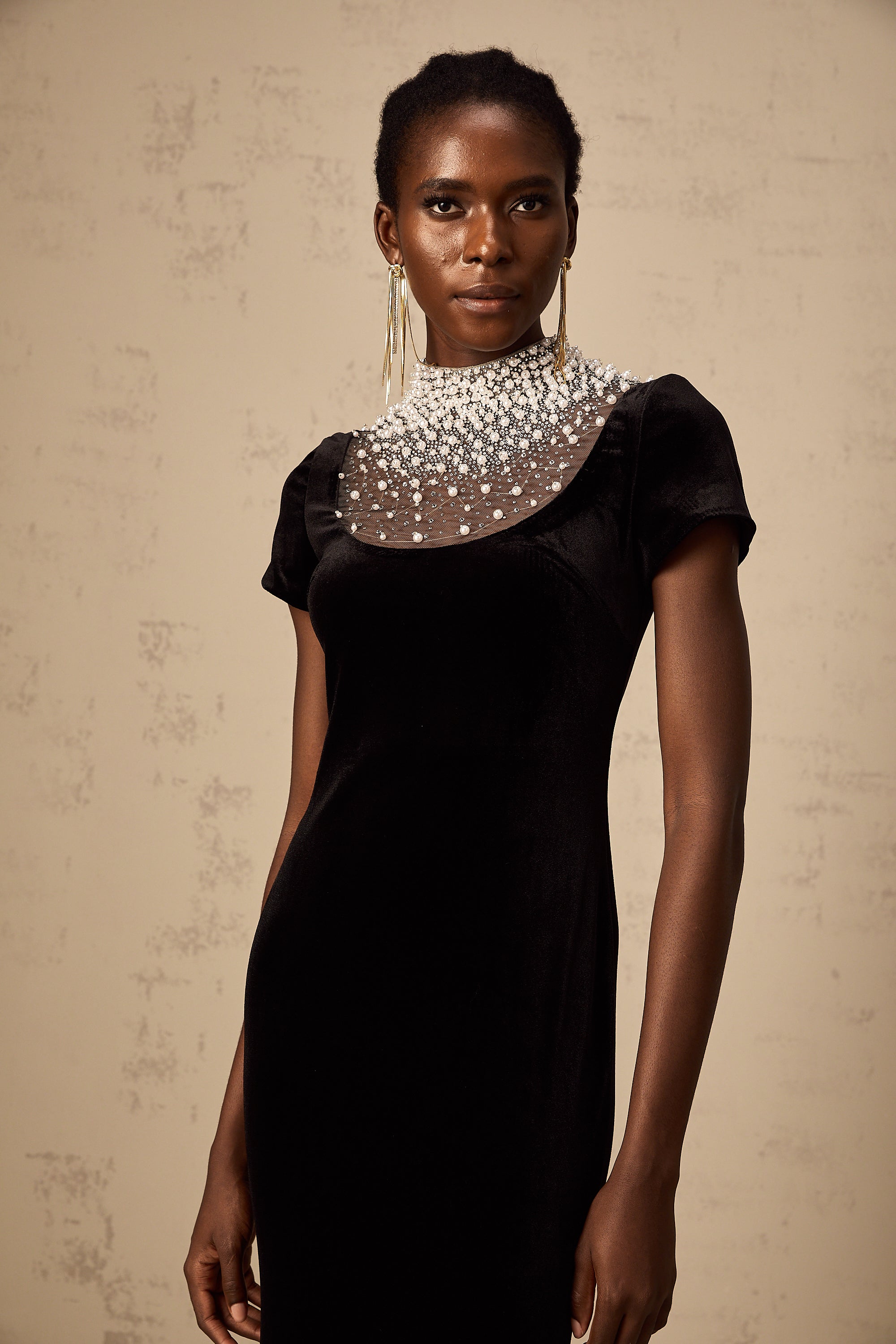 Kristin black faux-pearl embellished velvet maxi dress (US Only)