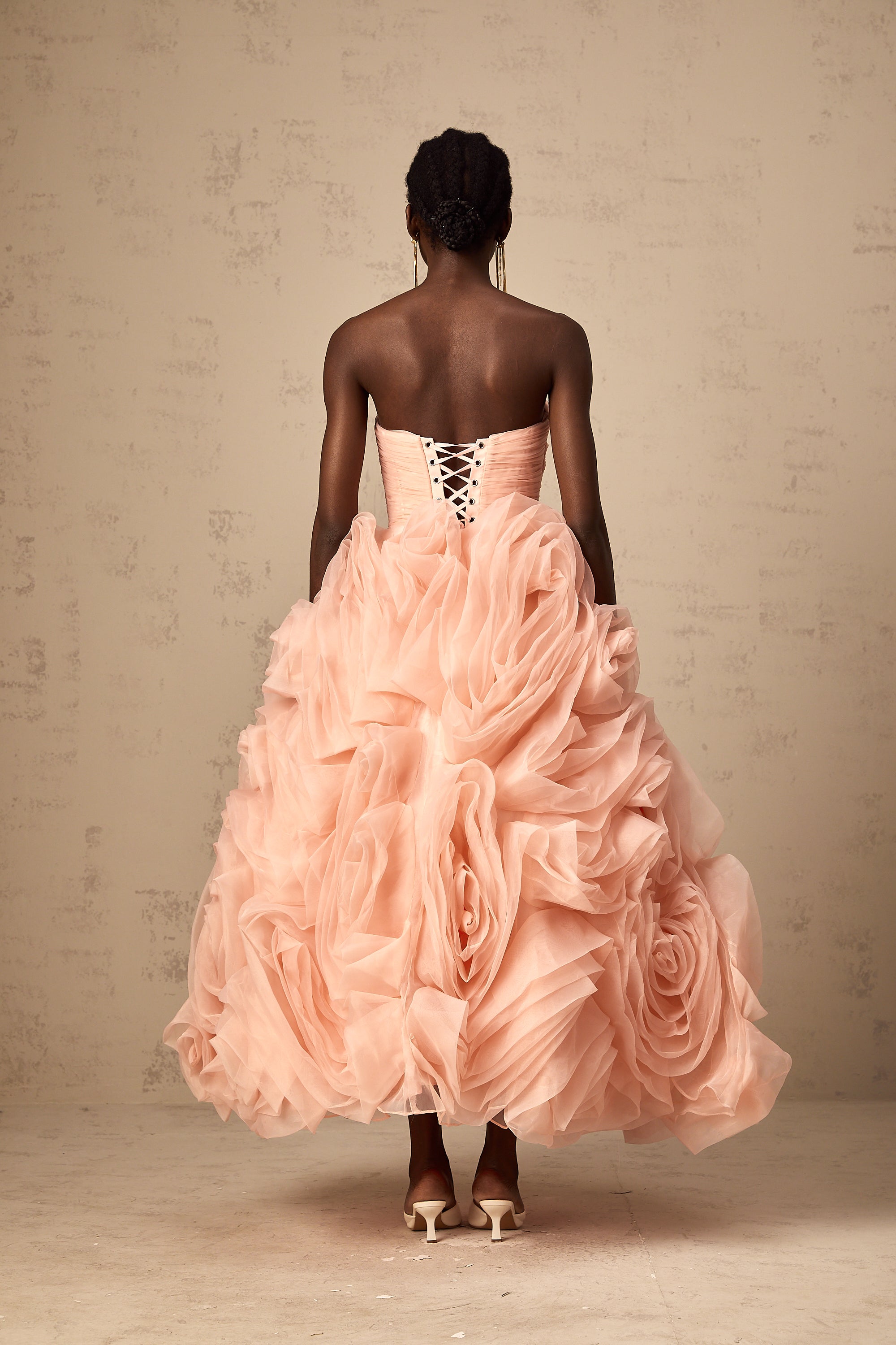 Leane Pink Off-Shoulder Tulle Midi Dress with 3D Petal Detail (Final Sale-US Only)