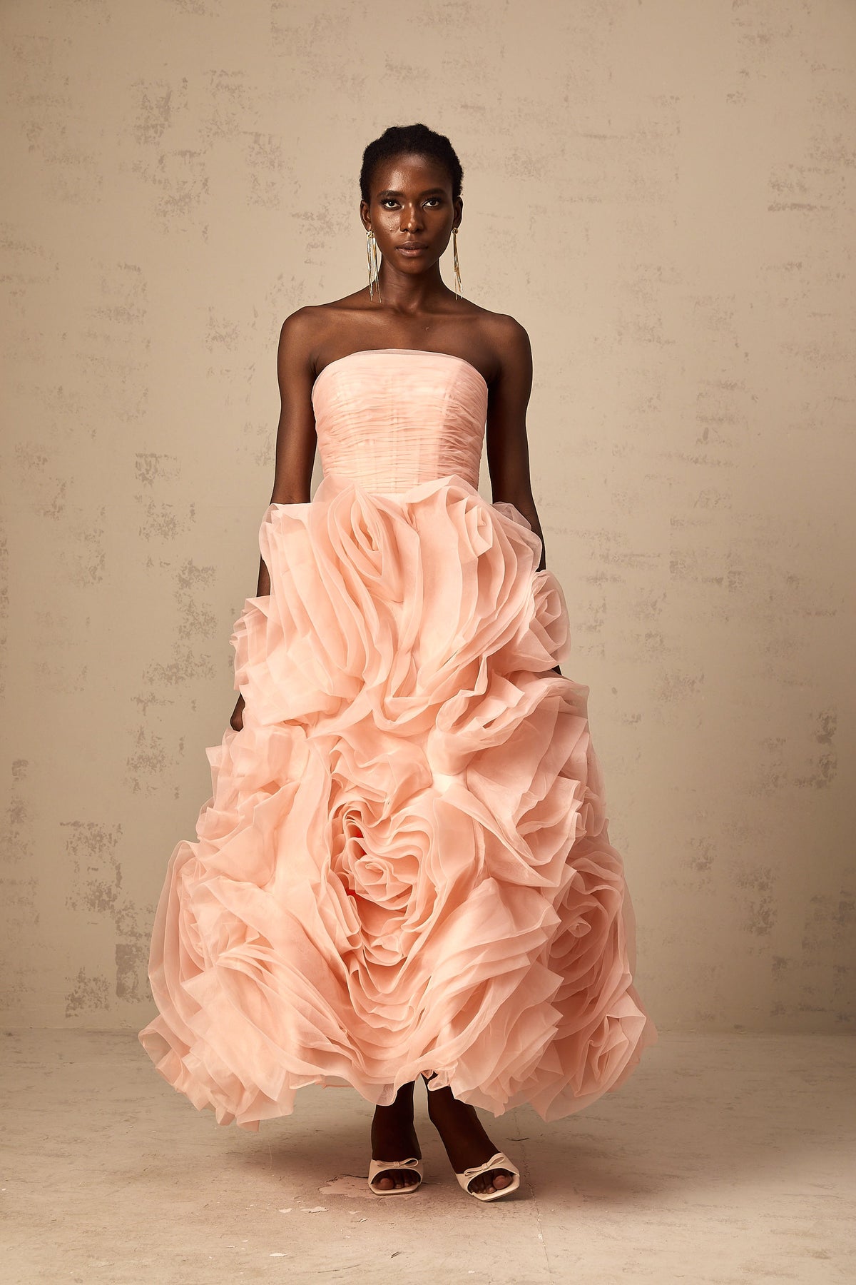 Leane Pink Off-Shoulder Tulle Midi Dress with 3D Petal Detail (Final Sale-US Only)