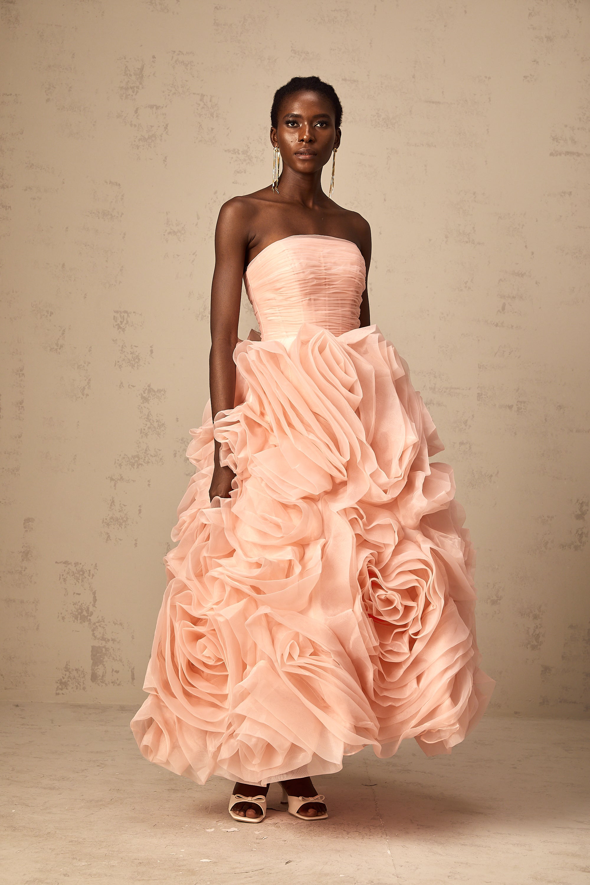 Leane Pink Off-Shoulder Tulle Midi Dress with 3D Petal Detail (Final Sale-US Only)