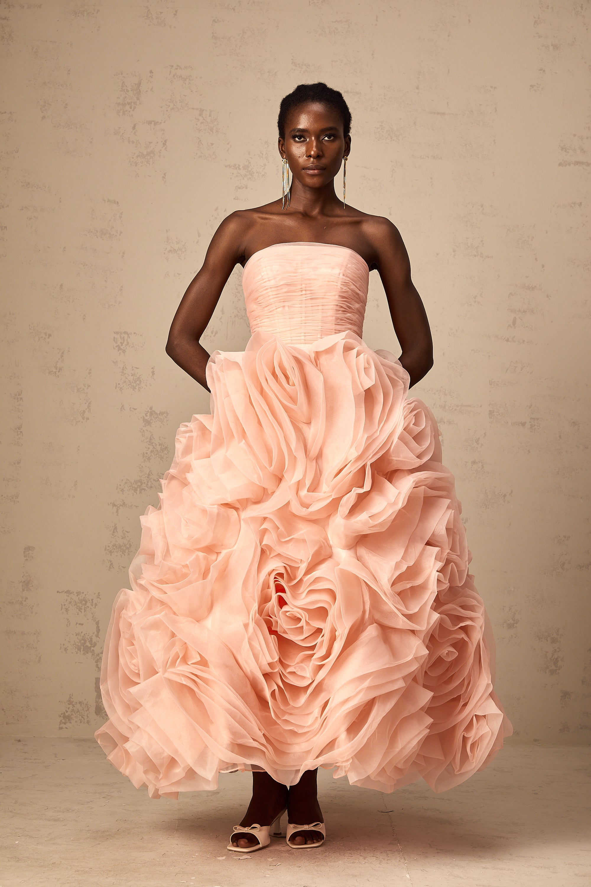Leane Pink Off-Shoulder Tulle Midi Dress with 3D Petal Detail (Final Sale-US Only)