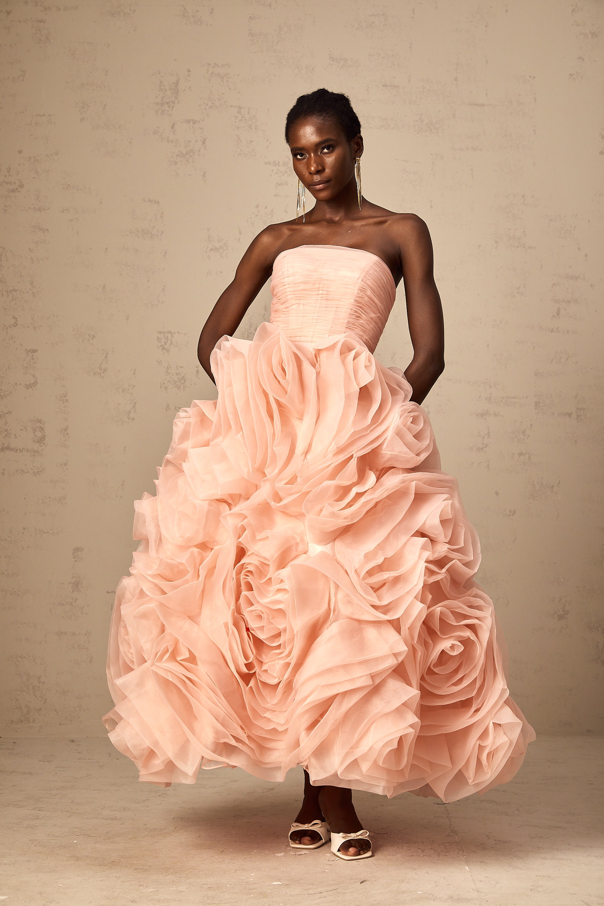Leane Pink Off-Shoulder Tulle Midi Dress with 3D Petal Detail (Final Sale-US Only)