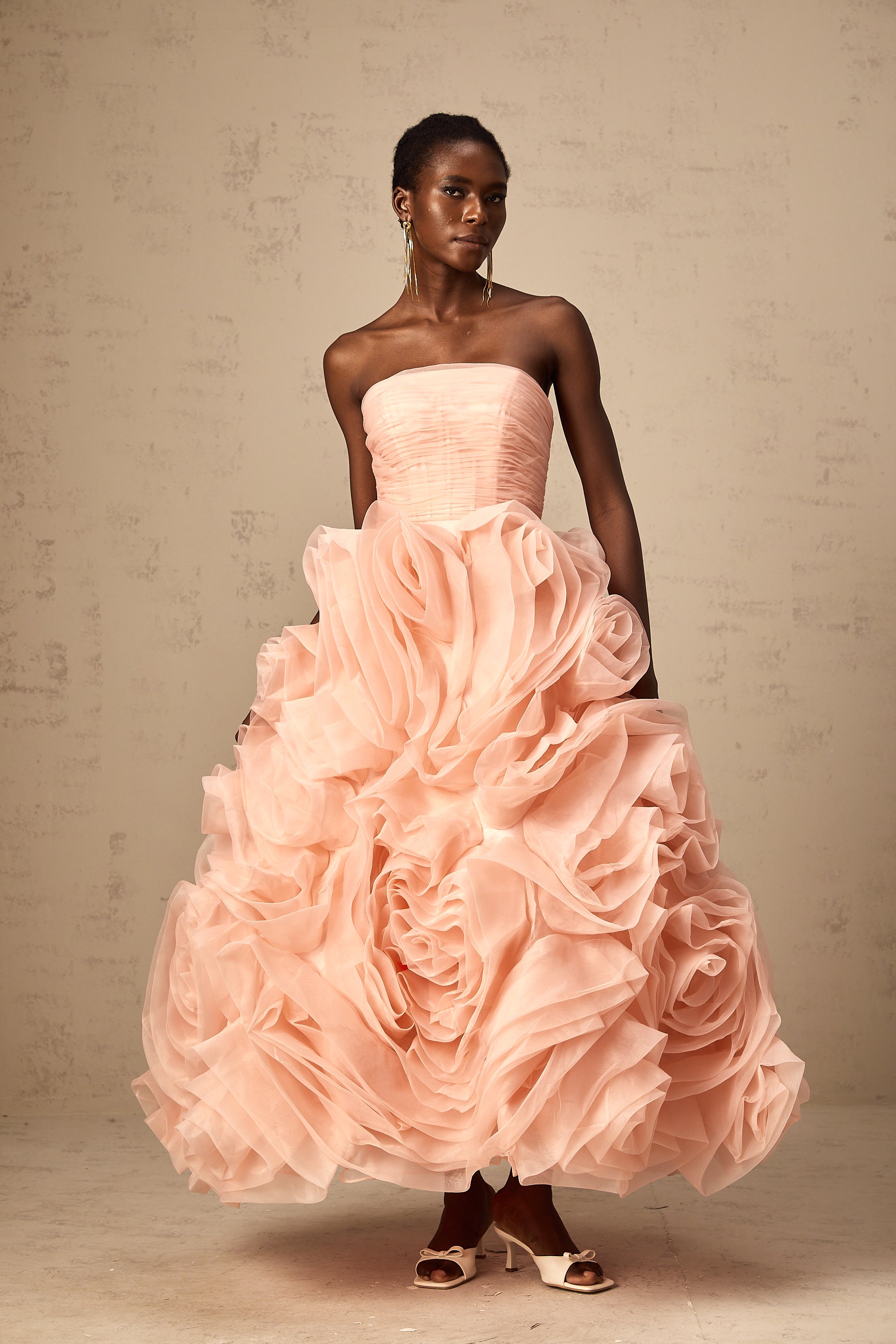 Leane Pink Off-Shoulder Tulle Midi Dress with 3D Petal Detail (Final Sale-US Only)