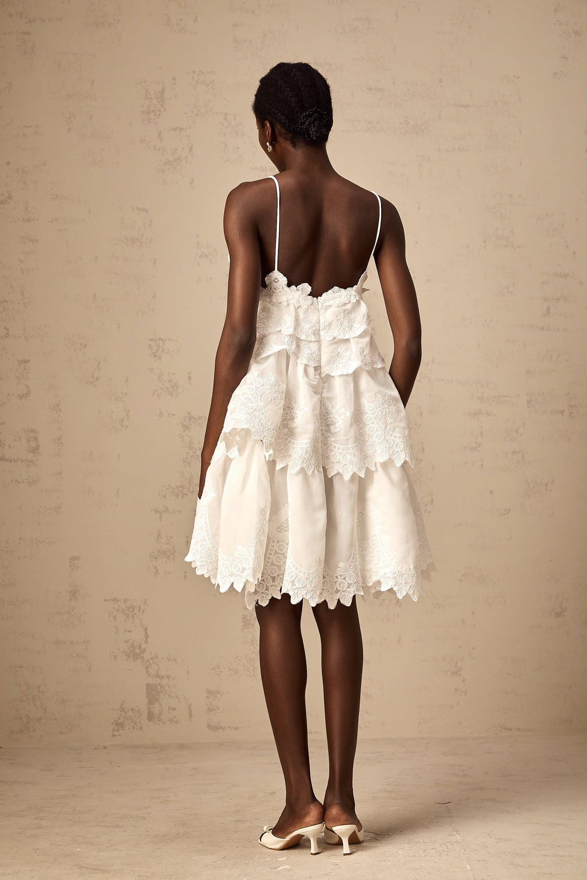 Valeria white guipure-lace tiered mini dress