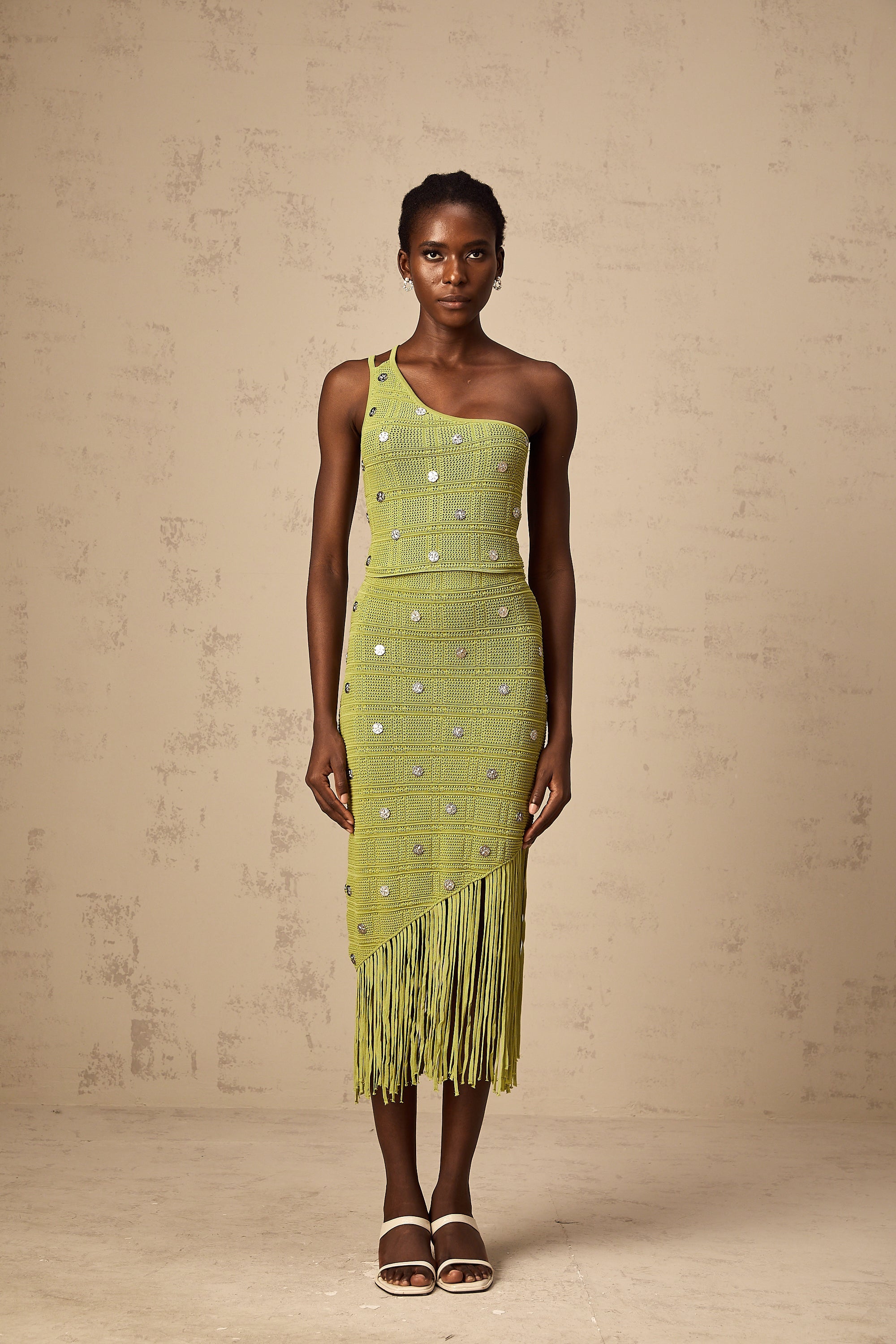 Annette green embellished knit top & skirt matching set