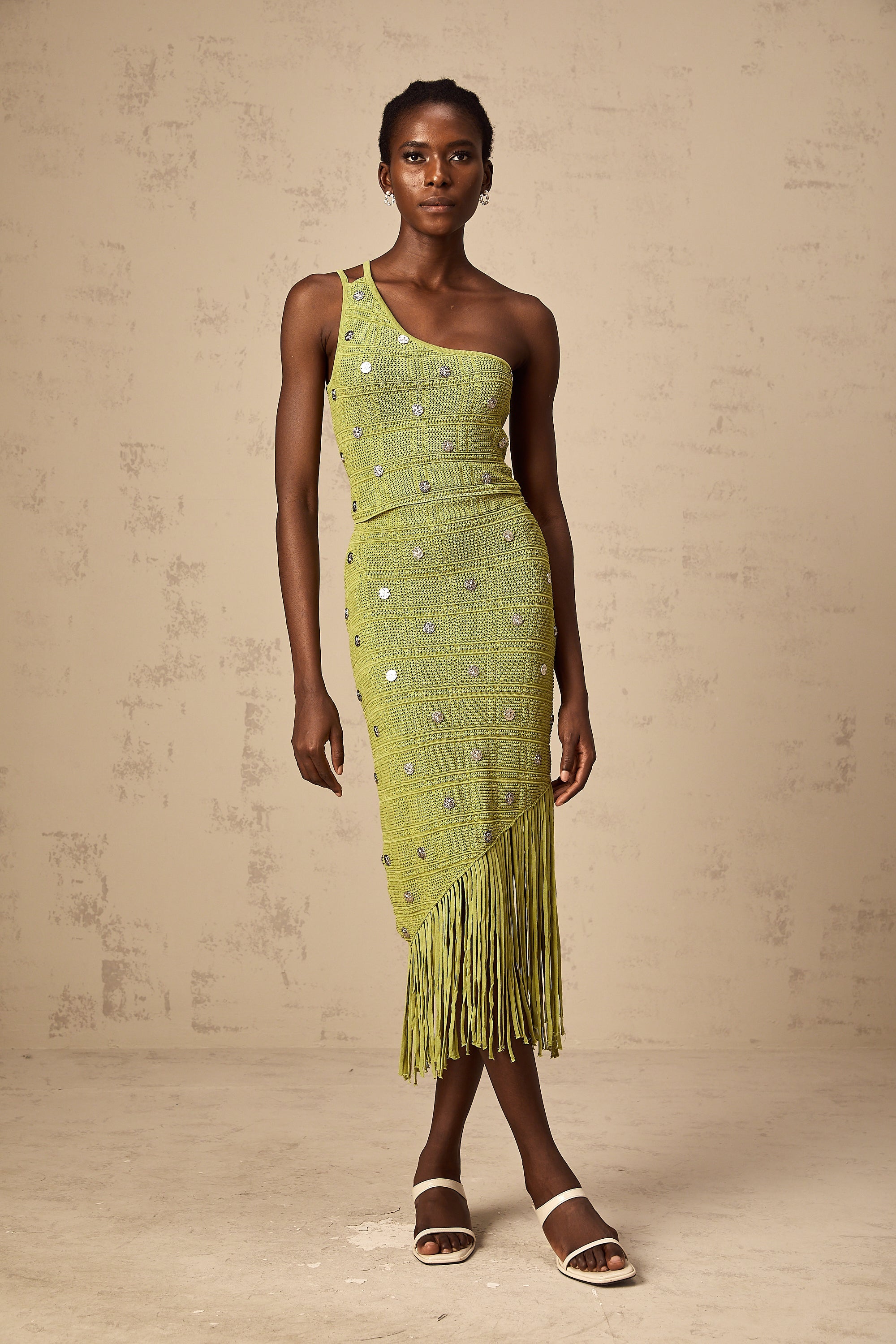 Annette green embellished knit top & skirt matching set