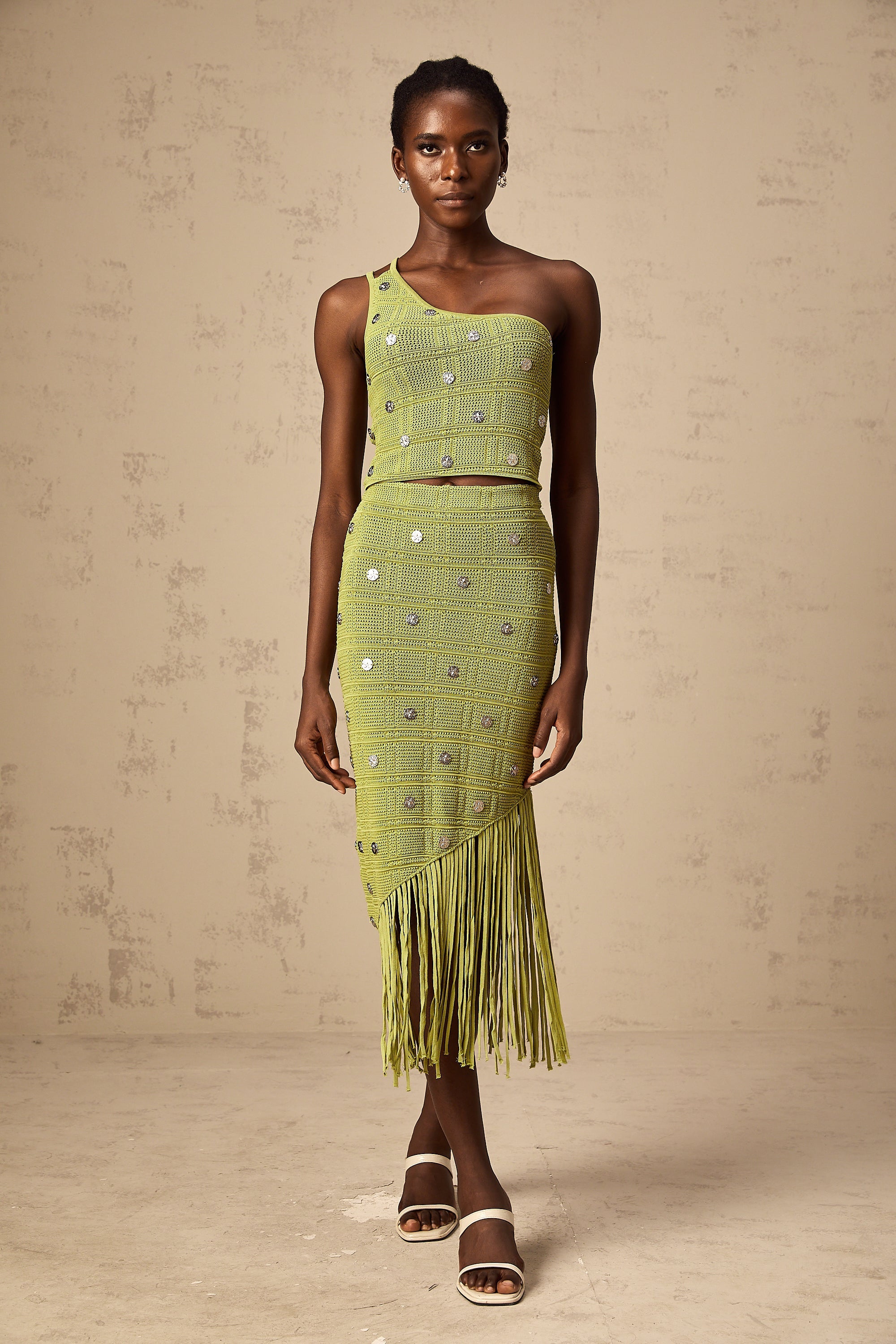 Annette green embellished knit top & skirt matching set