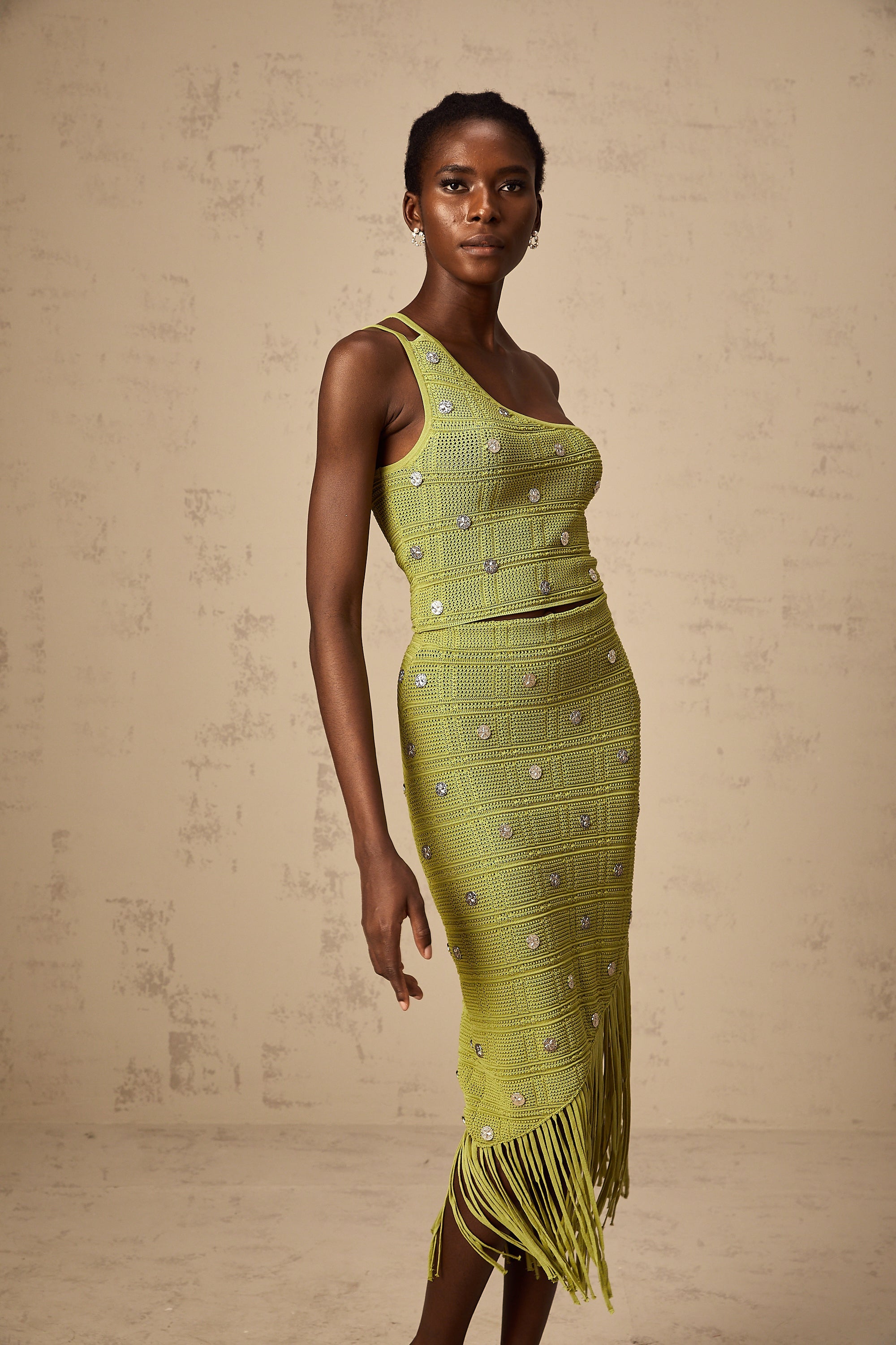 Annette green embellished knit top & skirt matching set