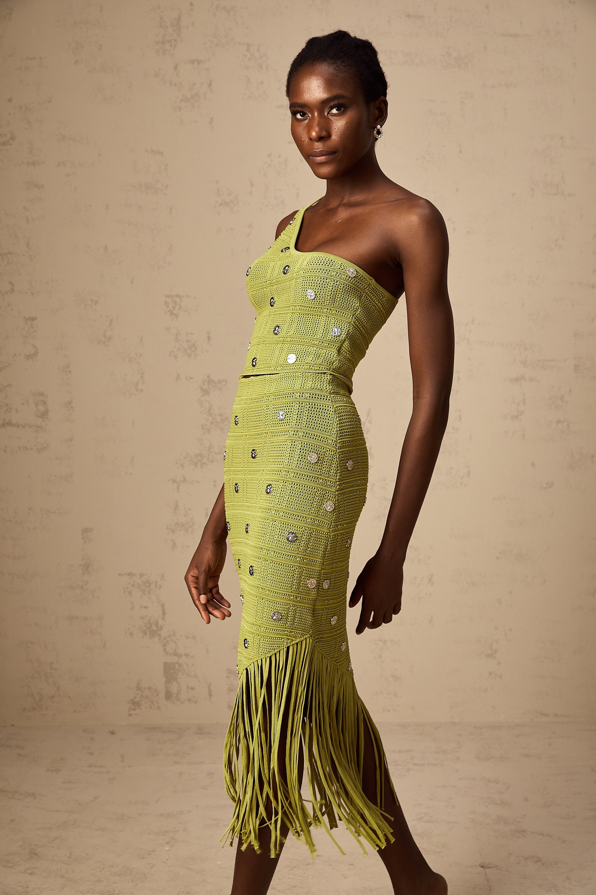 Annette green embellished knit top & skirt matching set