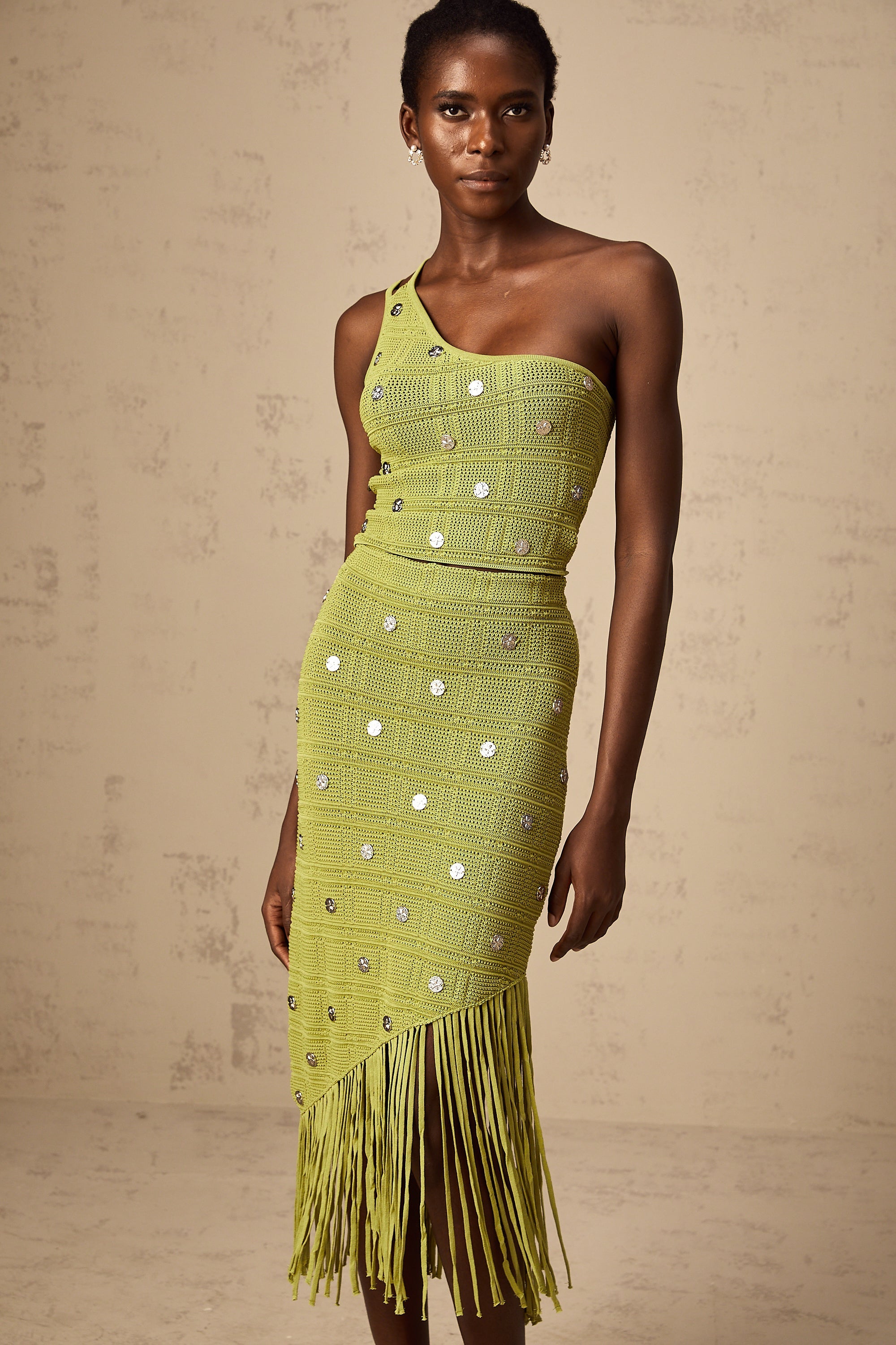 Annette green embellished knit top & skirt matching set