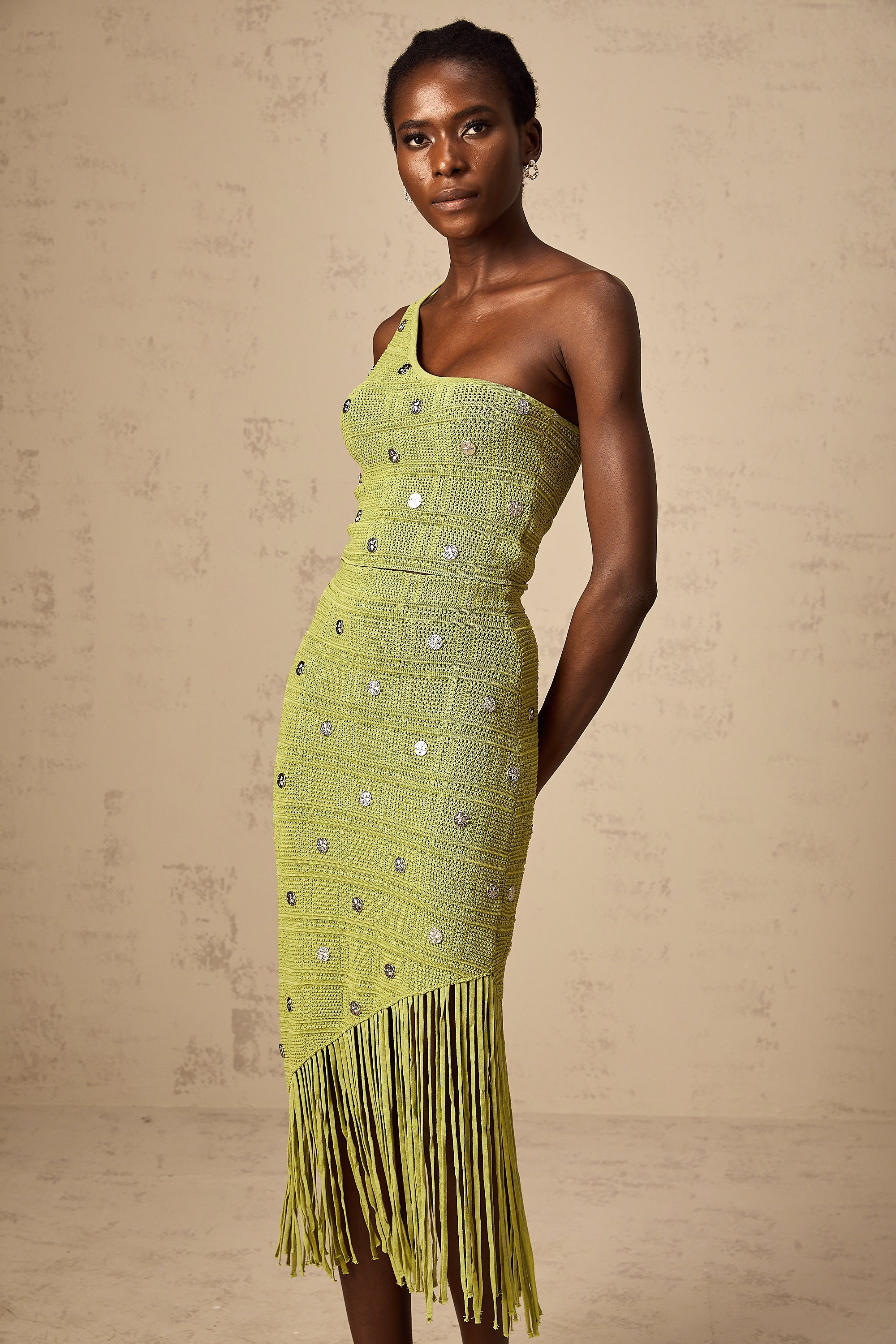 Annette green embellished knit top & skirt matching set