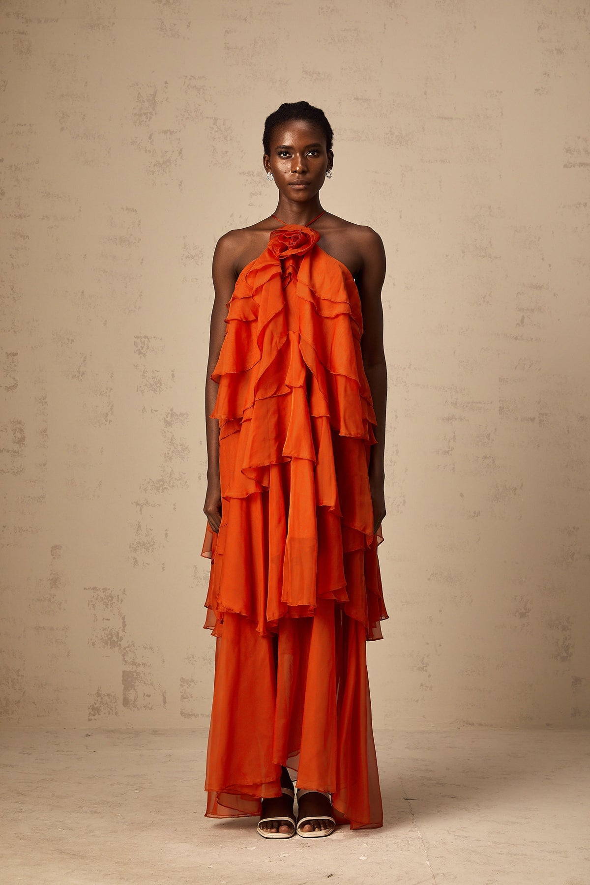 Carrie orange halterneck flounced maxi dress (Final Sale-US Only)