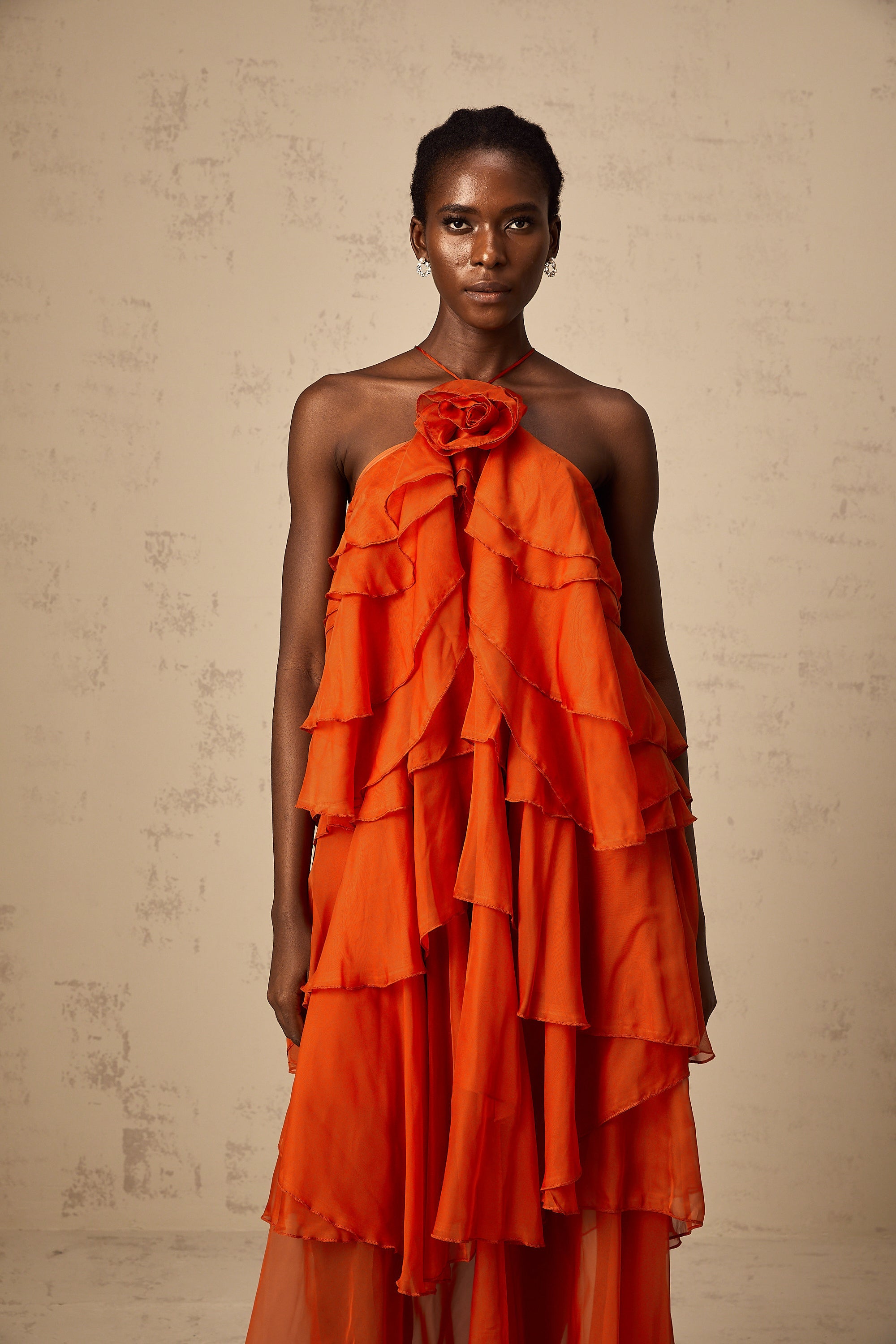 Carrie orange halterneck flounced maxi dress (Final Sale-US Only)
