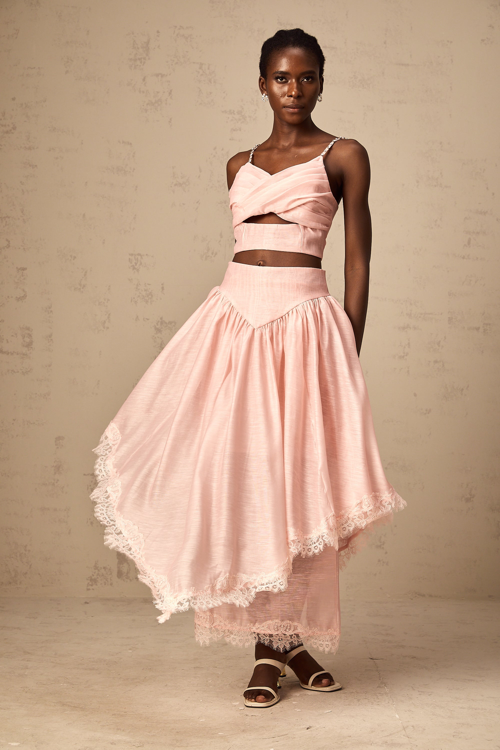 Tamara pink asymmetrical ruffled top & skirt matching set (US Only)