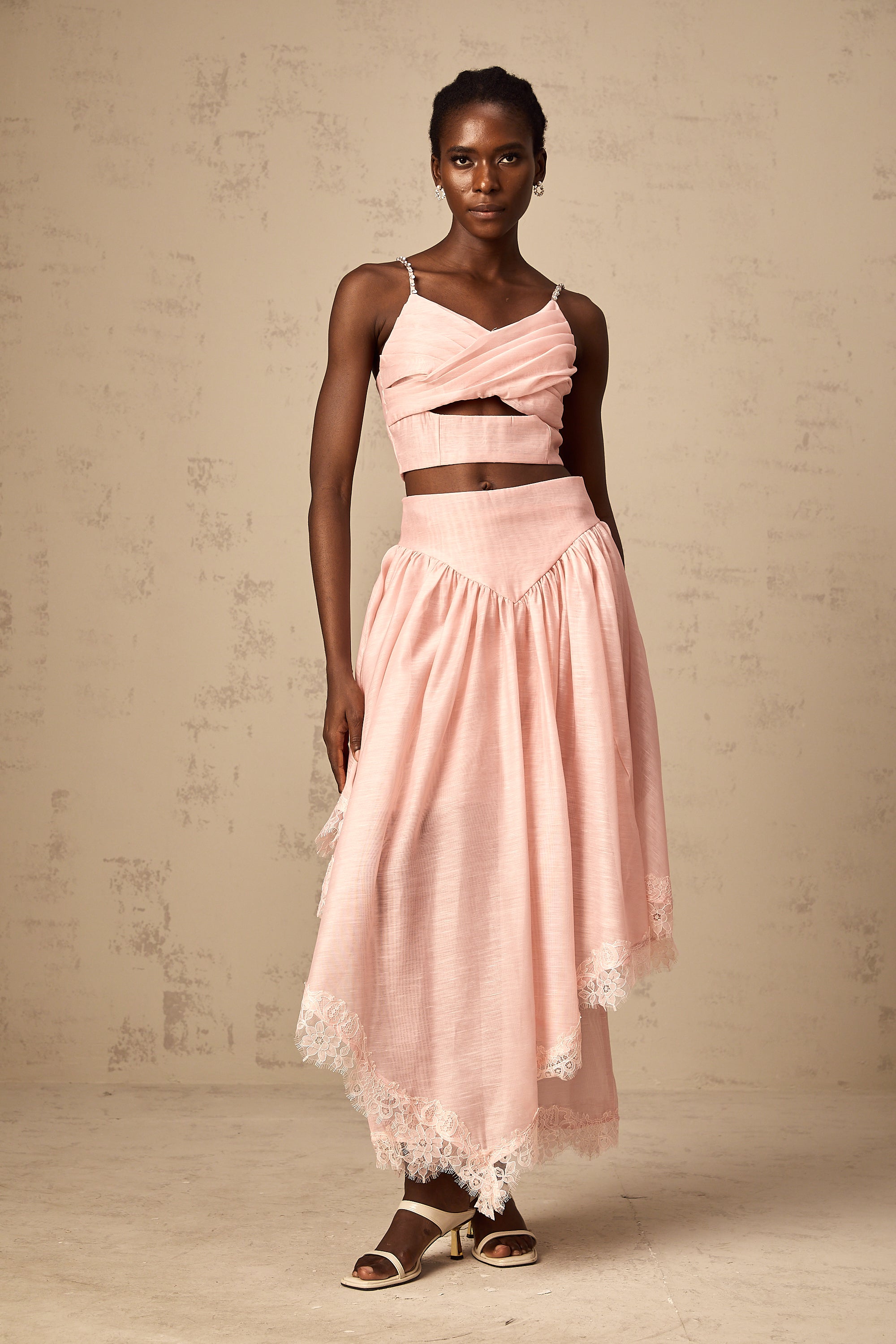 Tamara pink asymmetrical ruffled top & skirt matching set (US Only)
