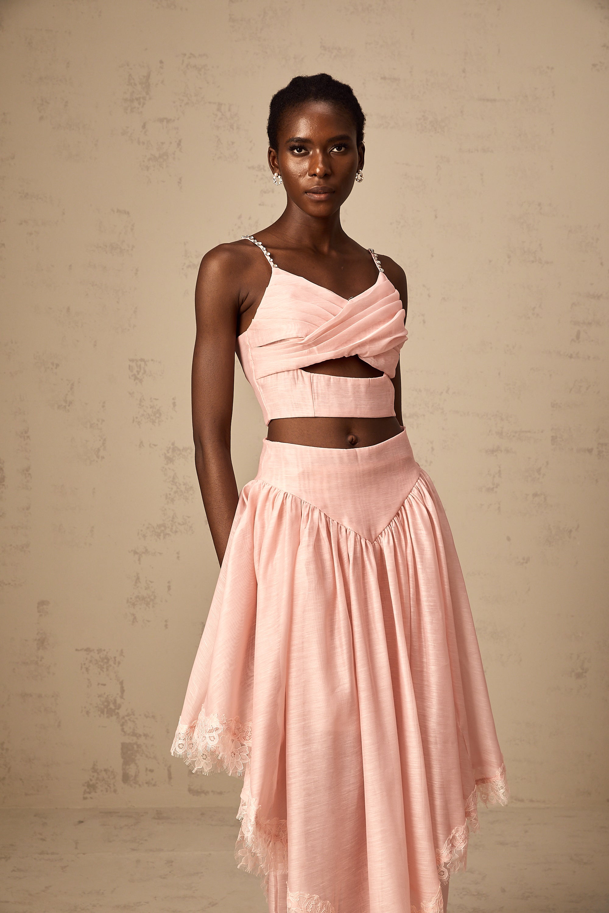 Tamara pink asymmetrical ruffled top & skirt matching set (US Only)