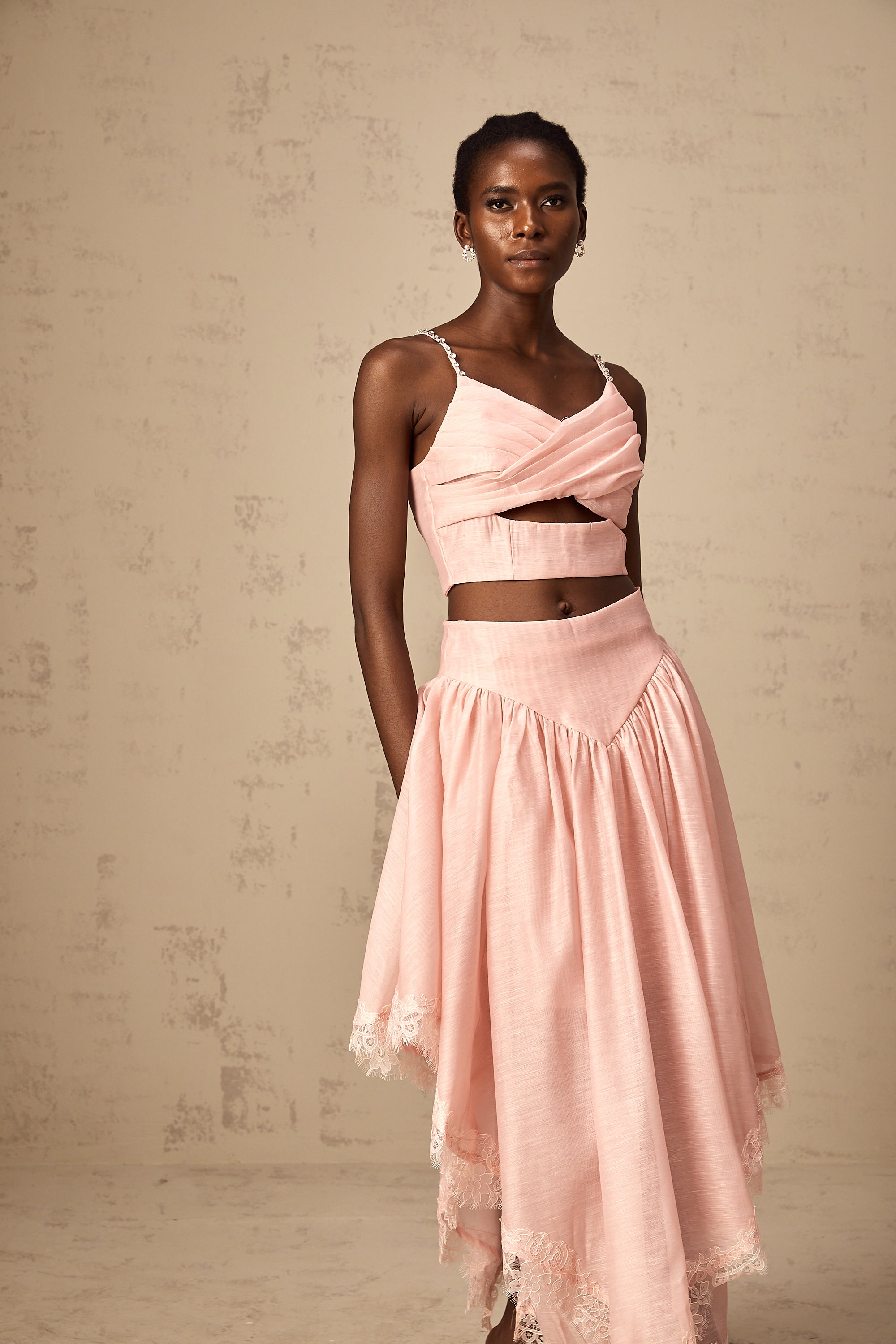 Tamara pink asymmetrical ruffled top & skirt matching set (US Only)