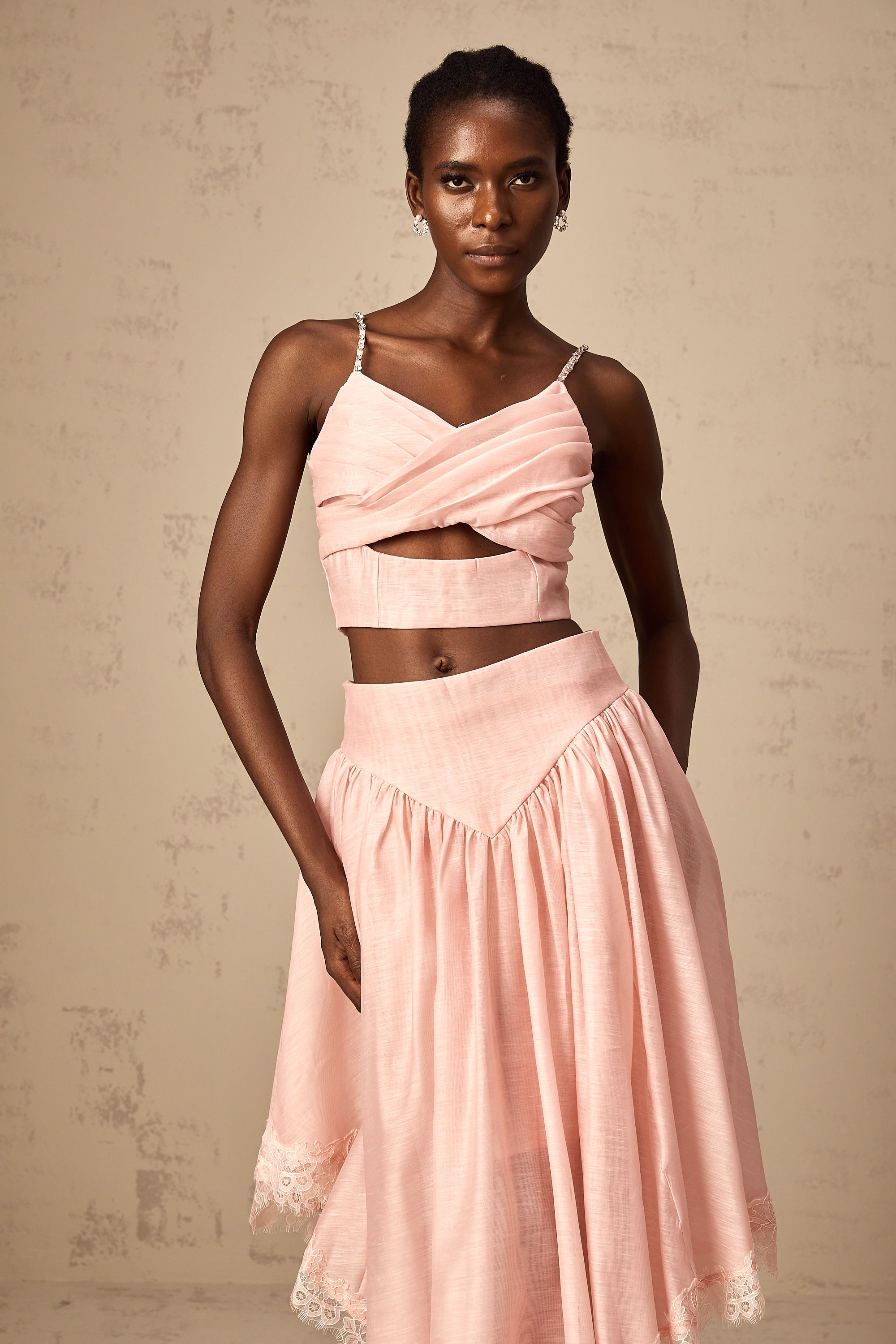 Tamara pink asymmetrical ruffled top & skirt matching set (US Only)