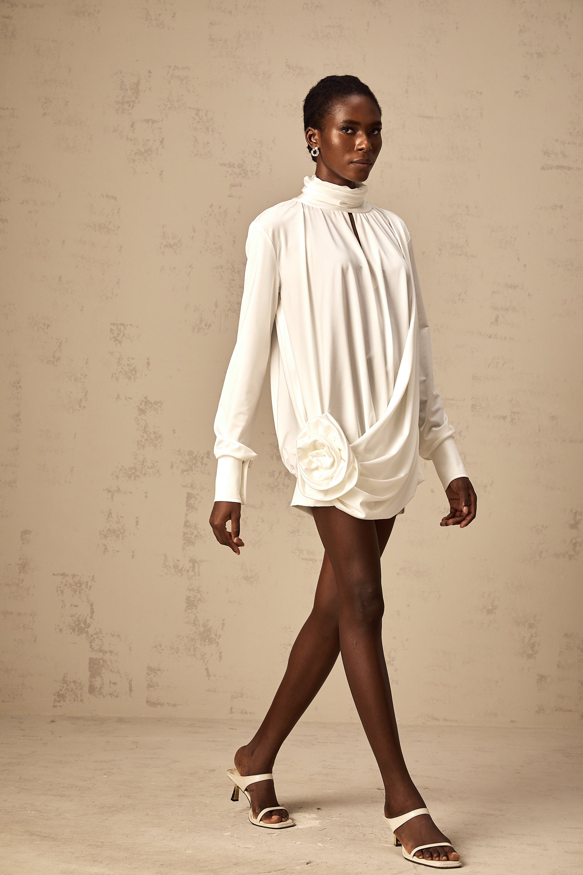 Maeva faux-flower ruched mini dress in White (Final Sale-US Only)