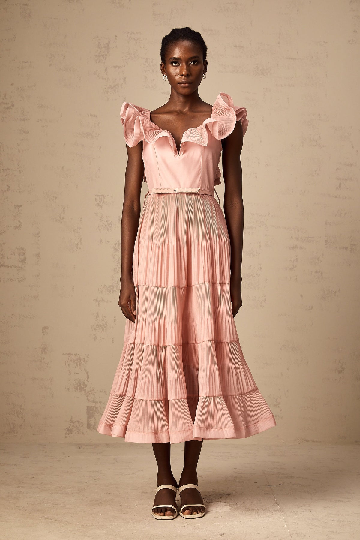 Valentina coral-pink pleated frilled midi dress (Final Sale-US Only)