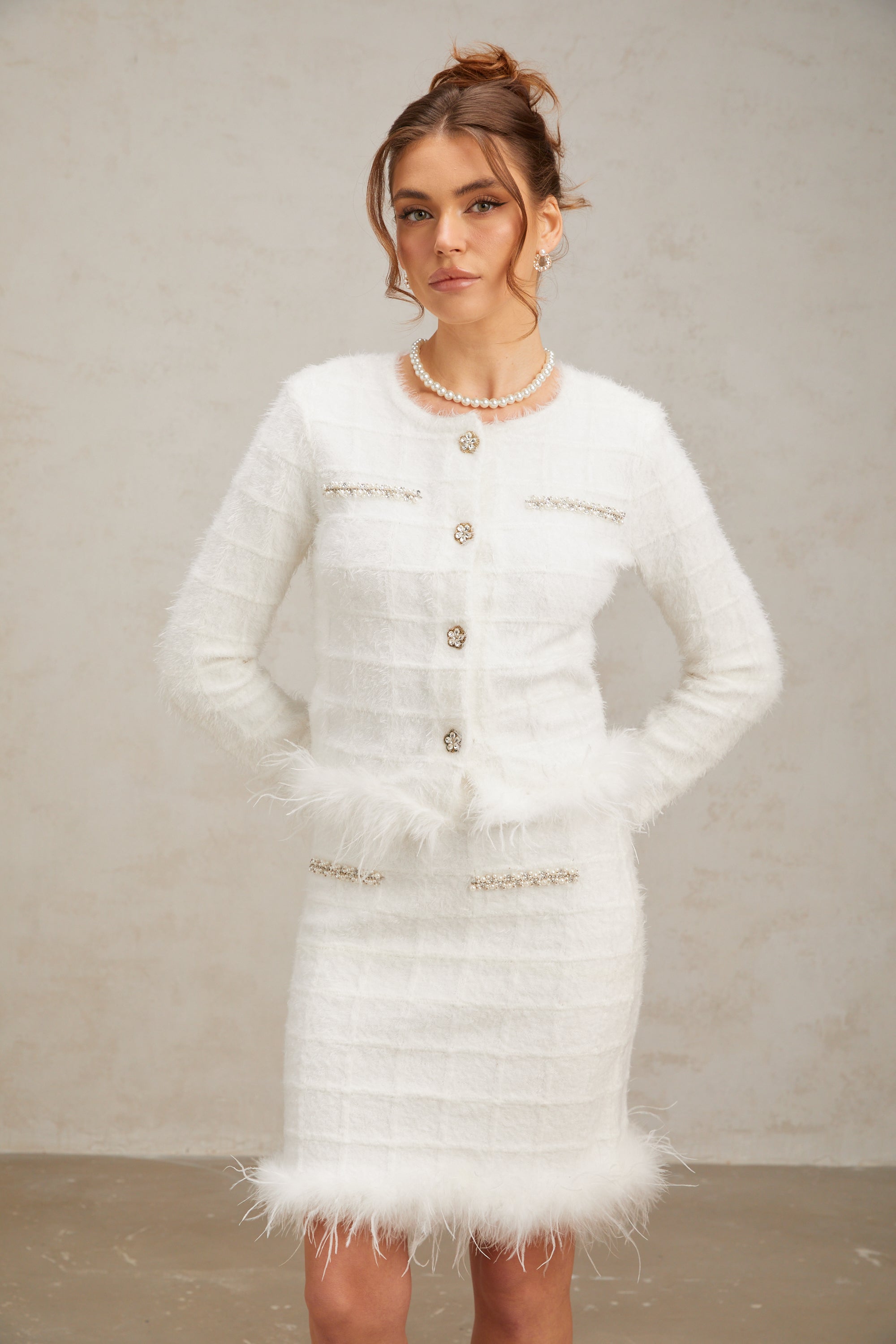 Cora white feather waffle knit cardigan & skirt matching set (US Only)
