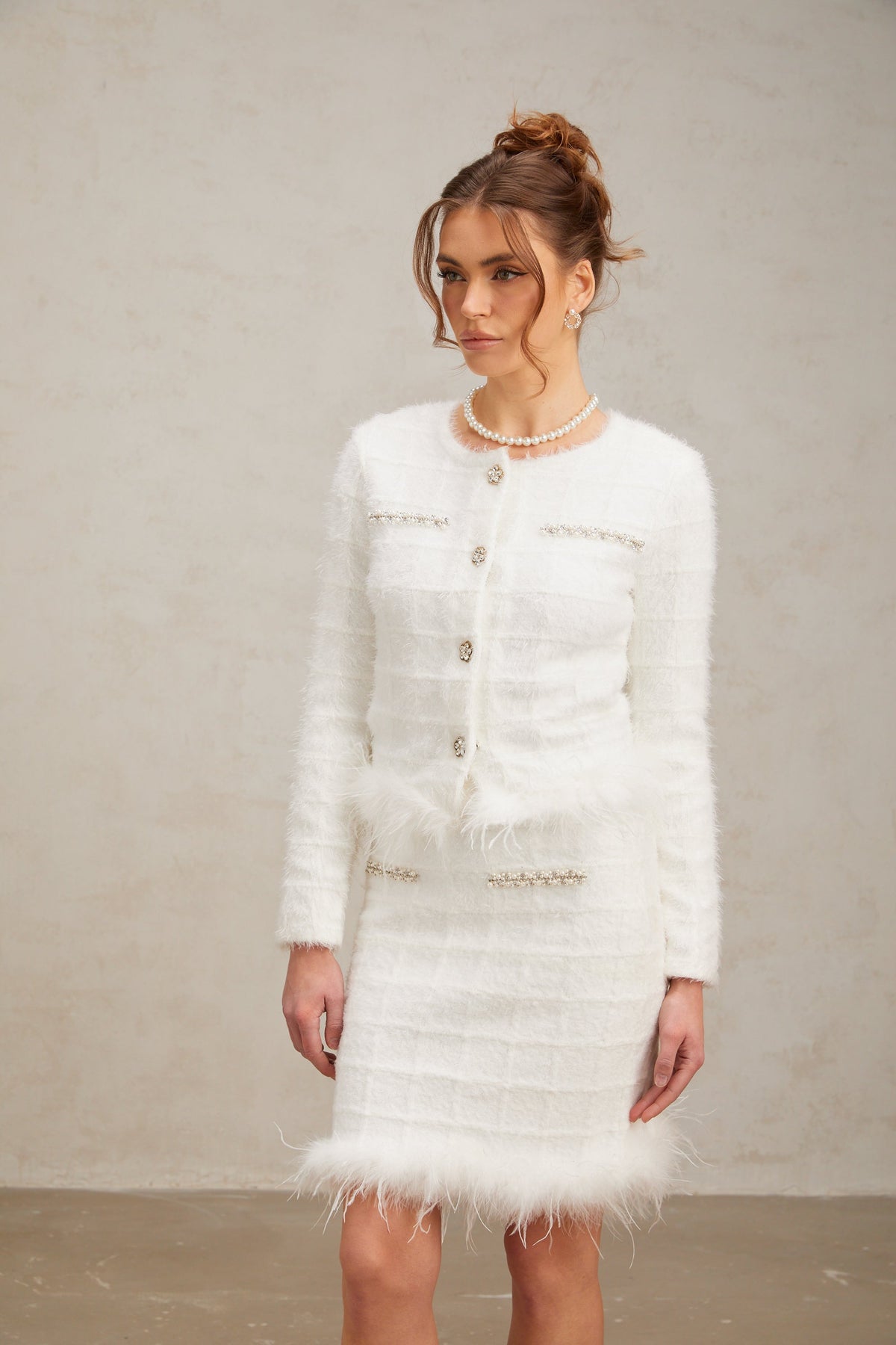 Cora white feather waffle knit cardigan & skirt matching set (Final Sale)
