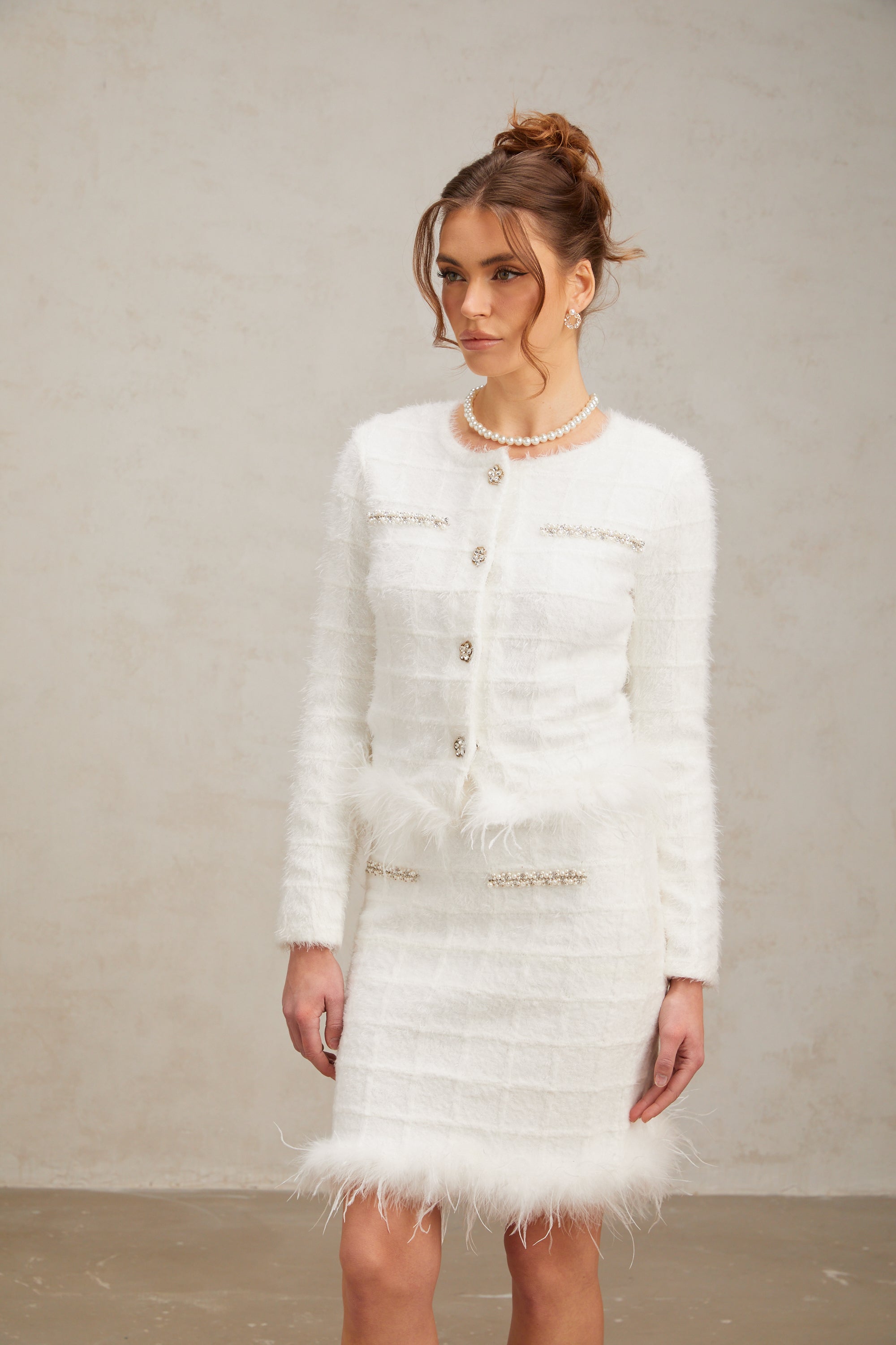 Cora white feather waffle knit cardigan & skirt matching set (US Only)
