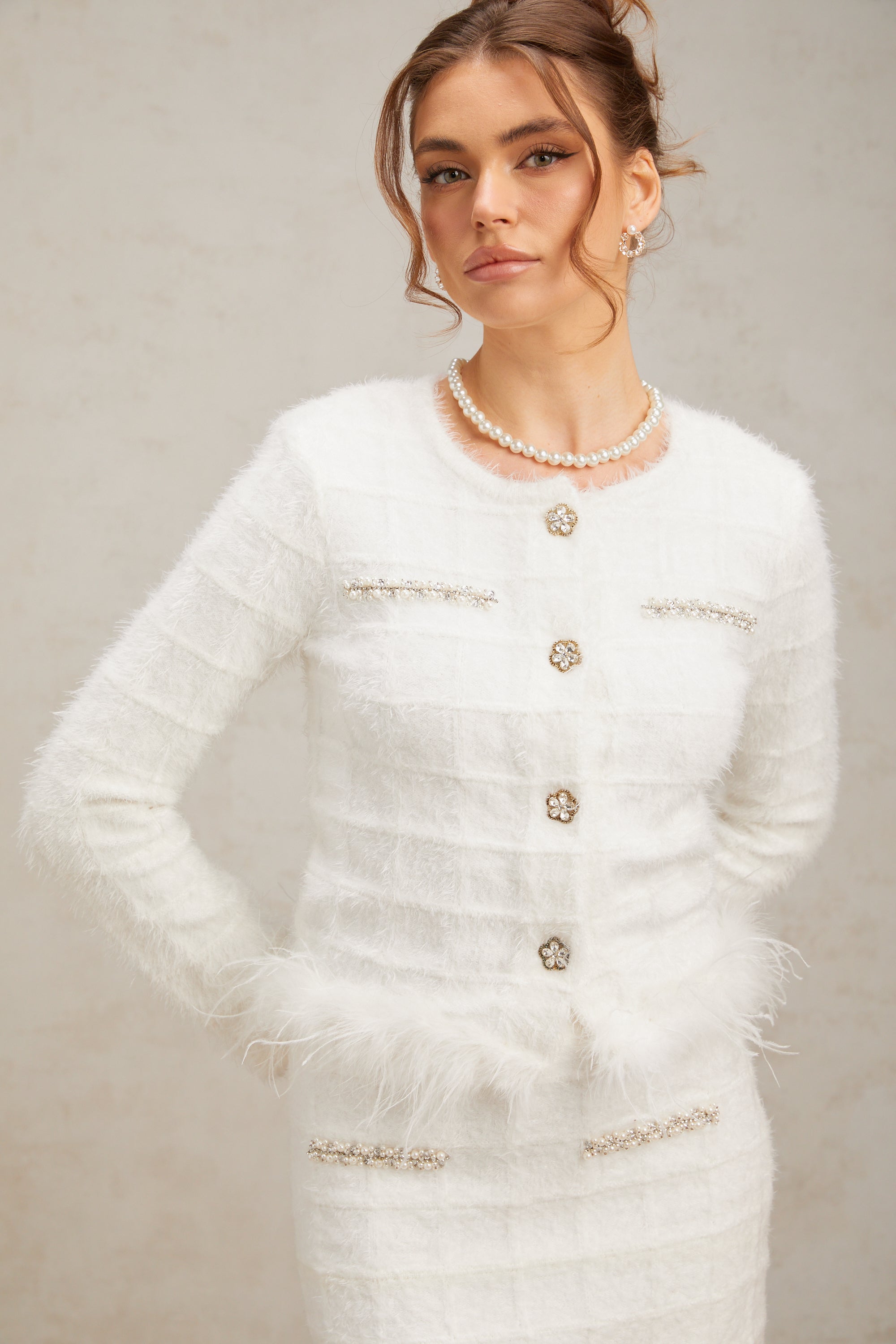 Cora white feather waffle knit cardigan & skirt matching set (US Only)
