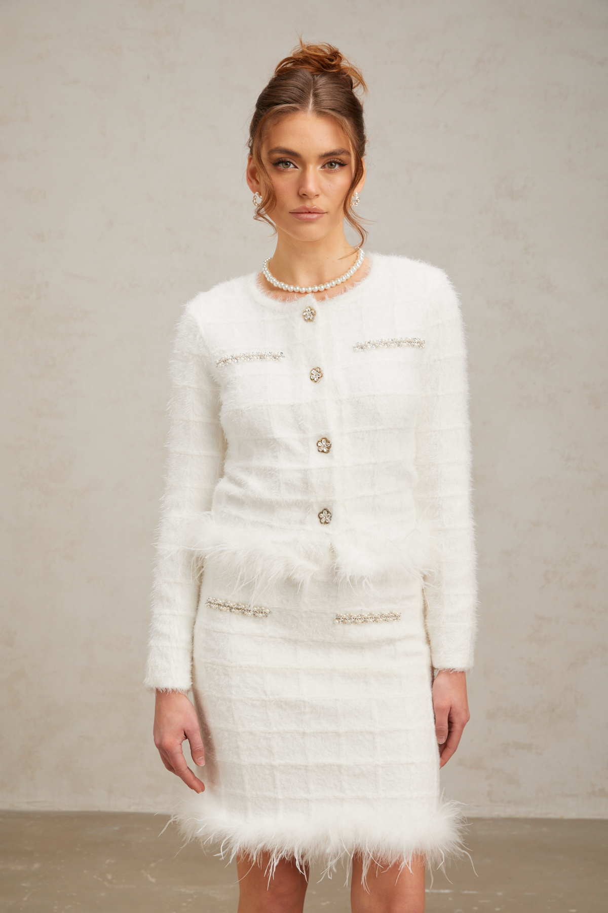 Cora white feather waffle knit cardigan & skirt matching set (Final Sale)