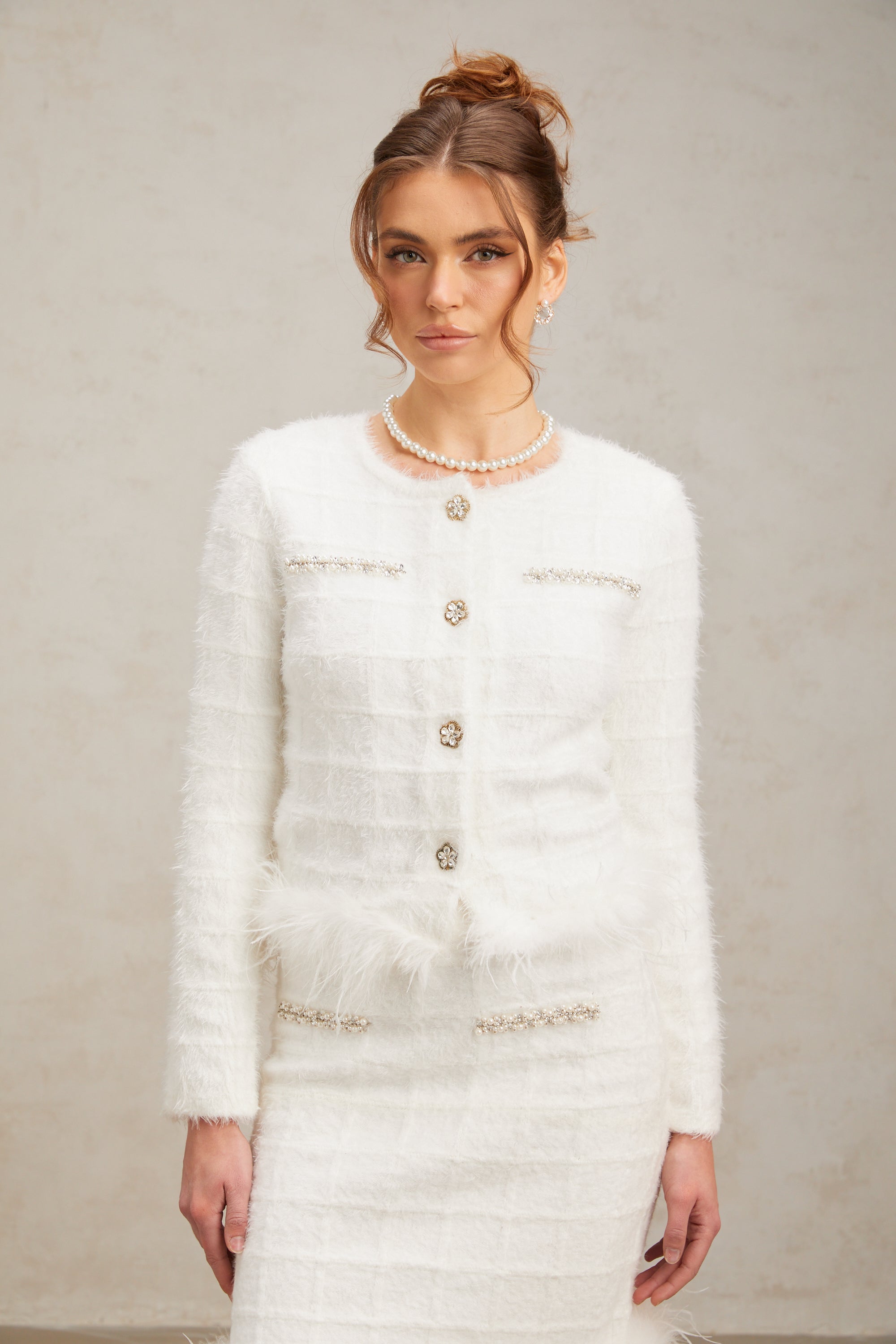 Cora white feather waffle knit cardigan & skirt matching set (US Only)