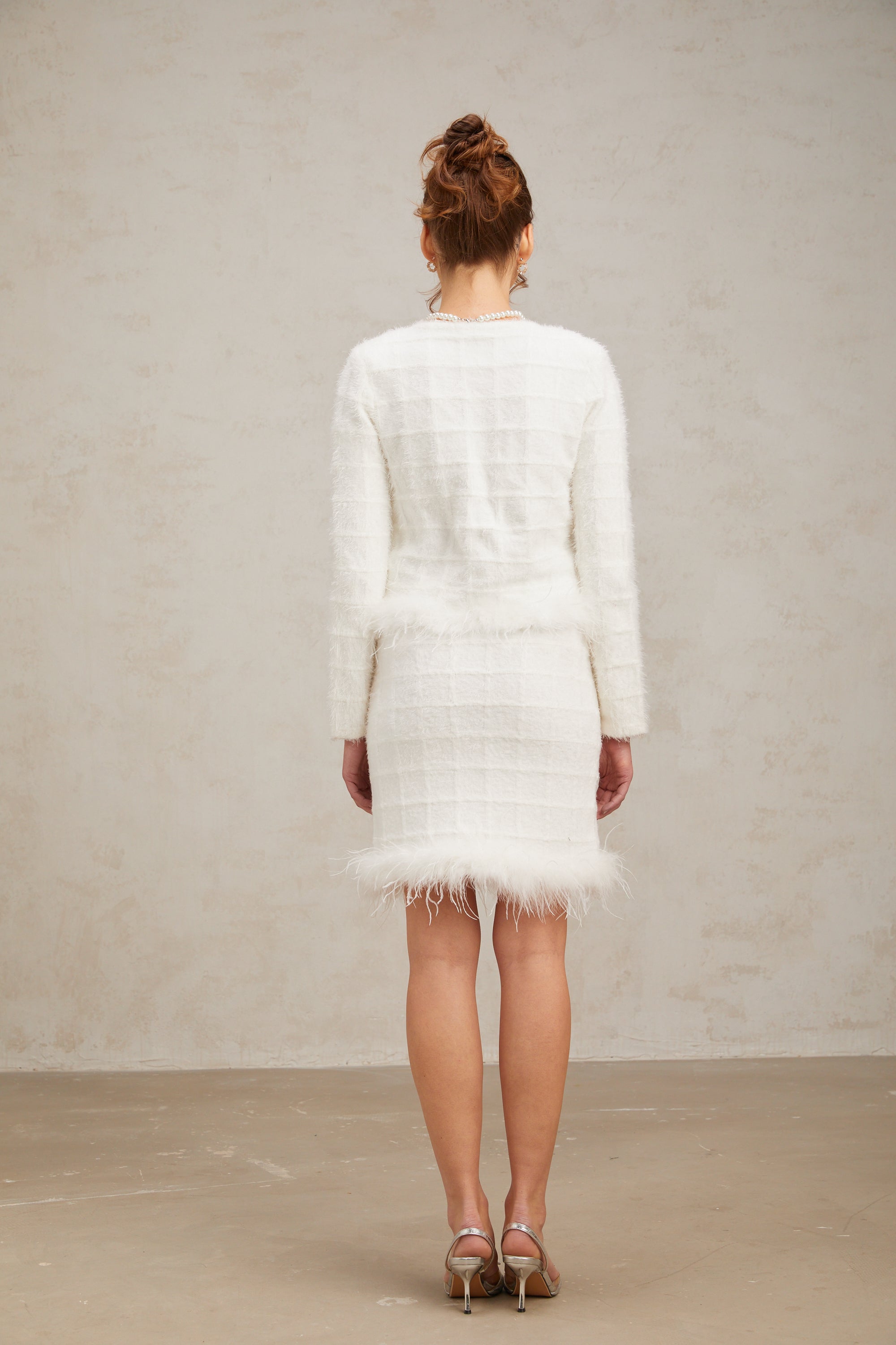 Cora white feather waffle knit cardigan & skirt matching set (Final Sale)