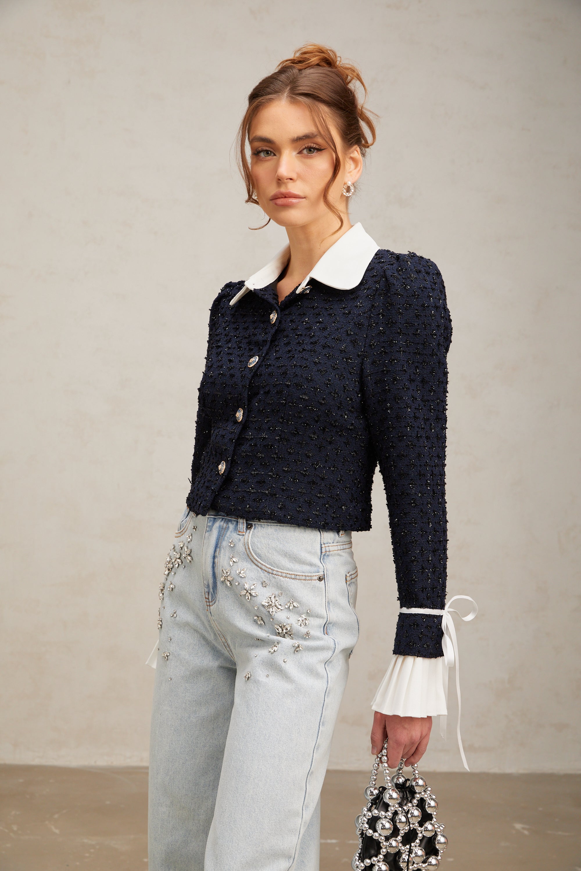 Doriane navy-blue panelled tweed jacket (Final Sale-US Only)