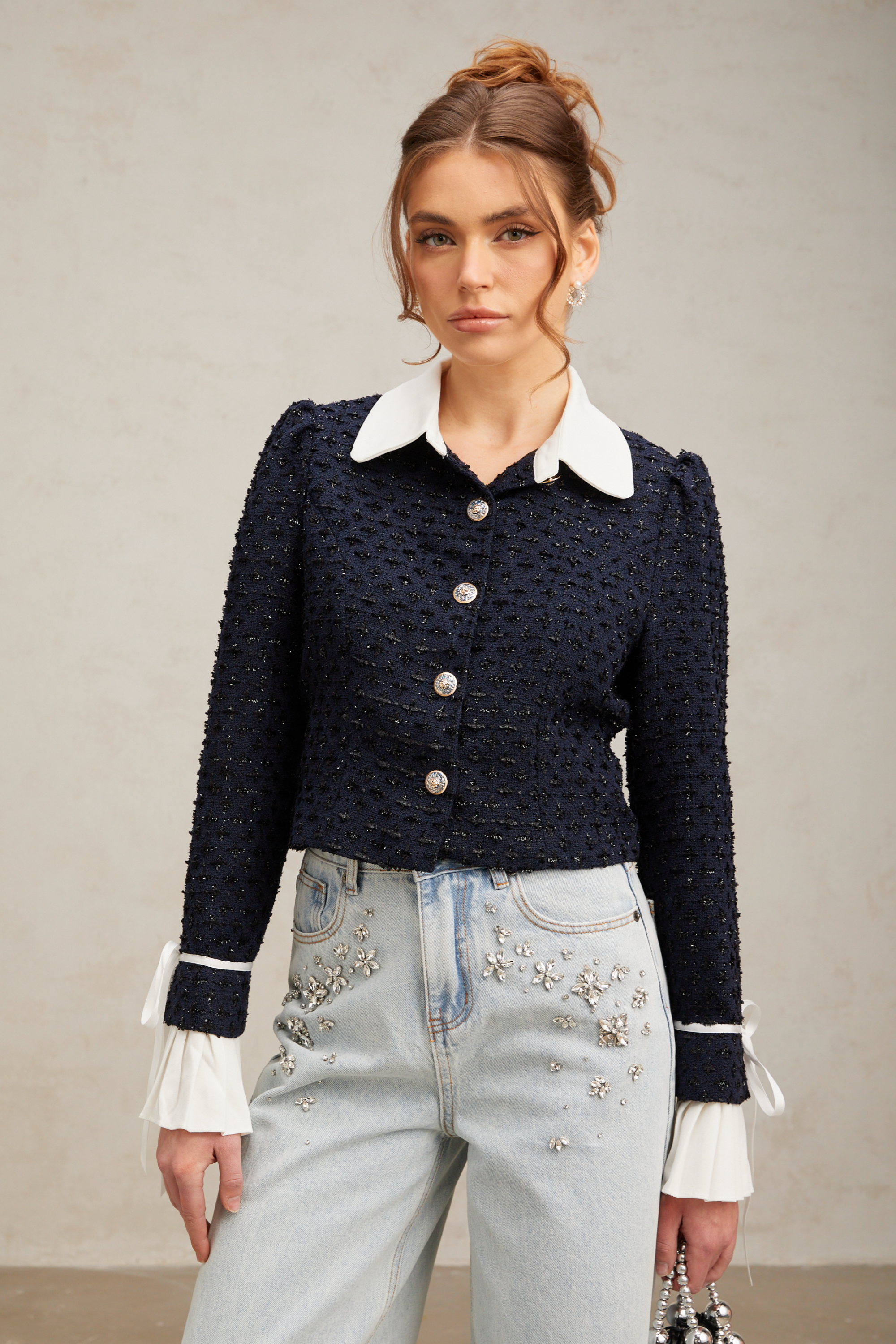 Doriane navy-blue panelled tweed jacket (US Only)