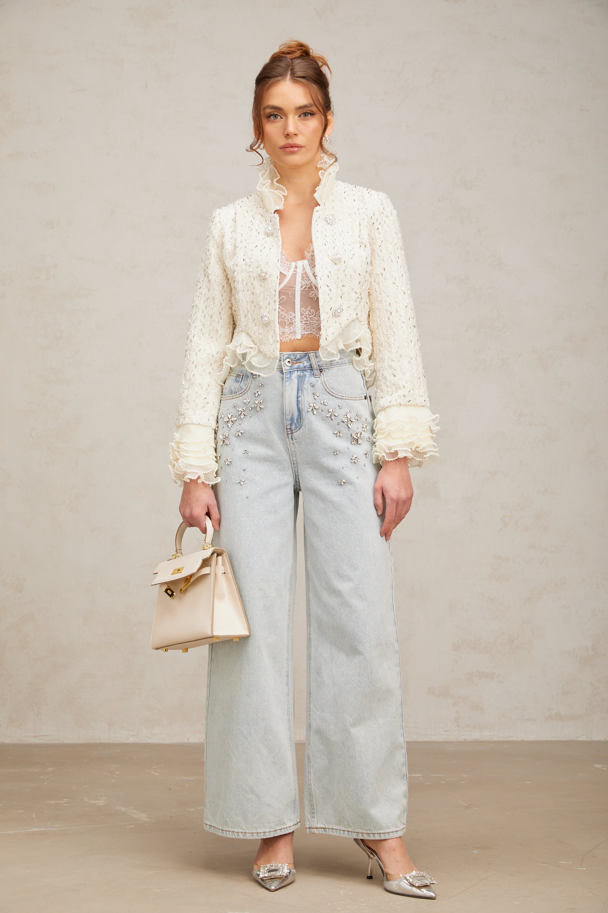 Blanche white beaded ruffle cropped jacket (Final Sale-US Only)