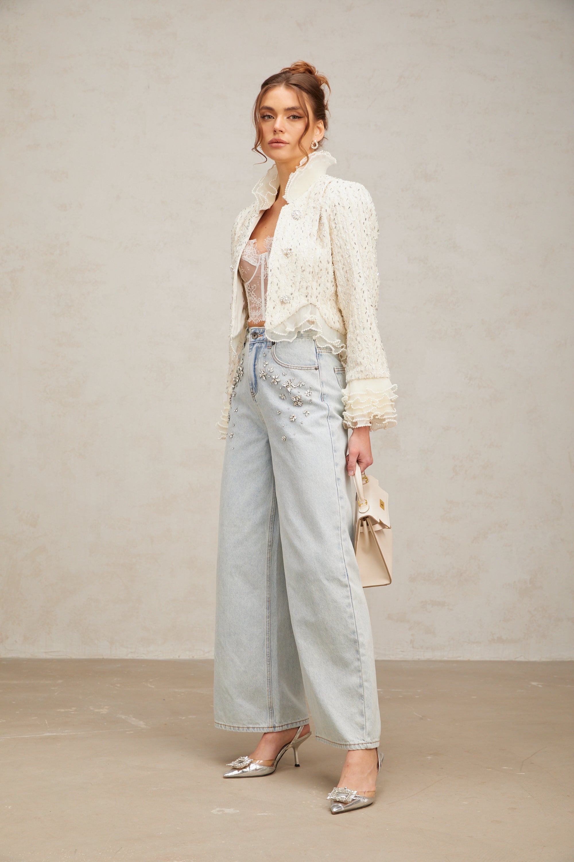 Blanche white beaded ruffle cropped jacket (Final Sale-US Only)