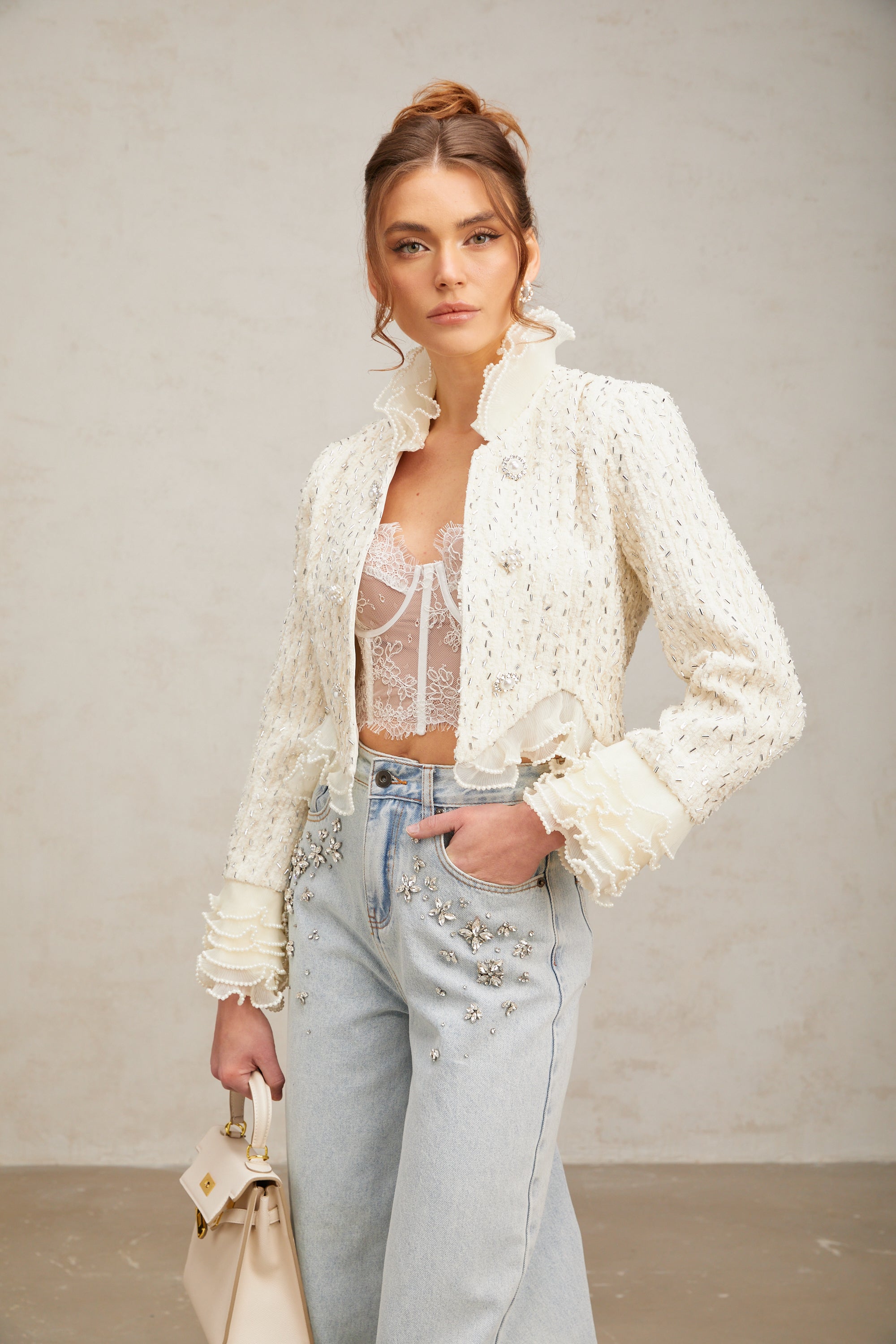 Blanche white beaded ruffle cropped jacket (Final Sale-US Only)