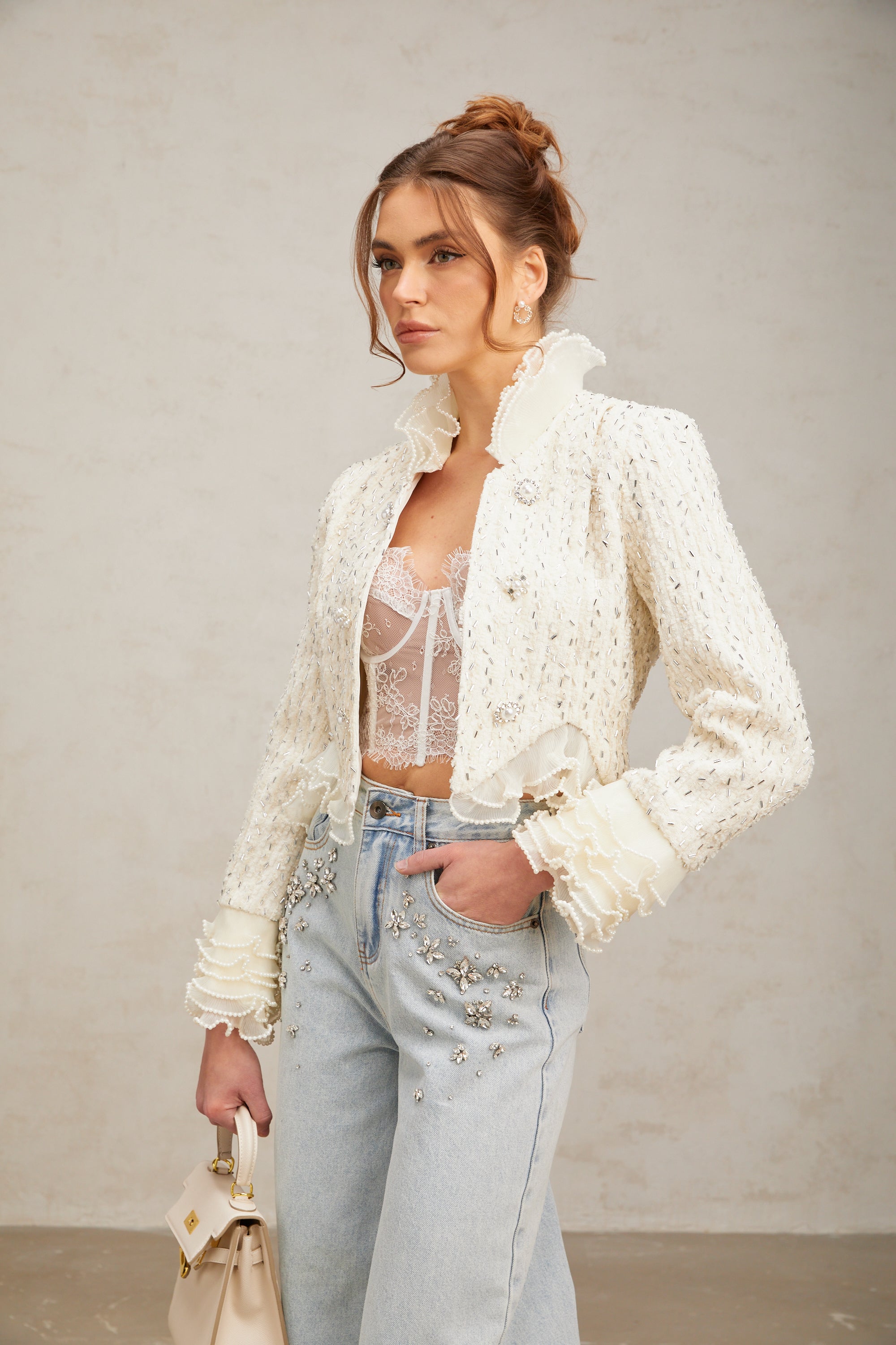 Blanche white beaded ruffle cropped jacket (Final Sale-US Only)
