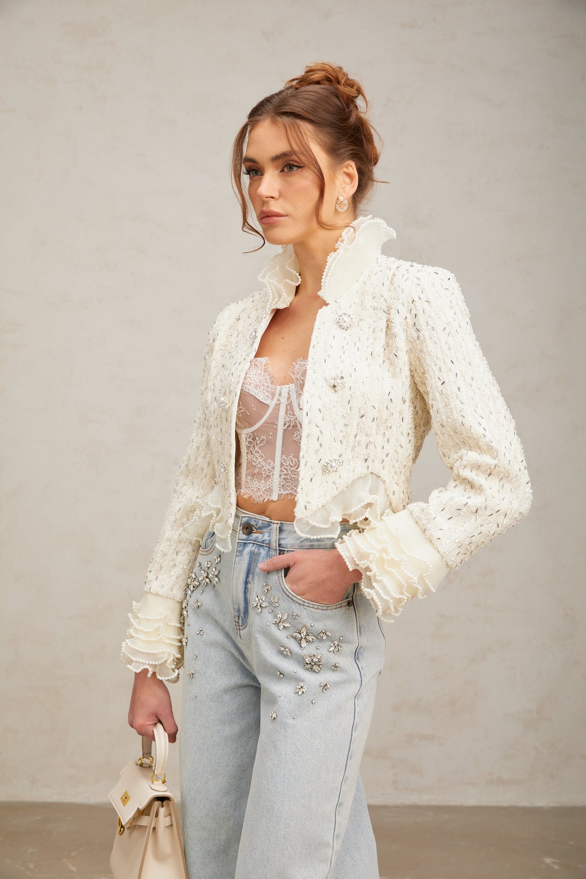 Blanche white beaded ruffle cropped jacket (Final Sale-US Only)
