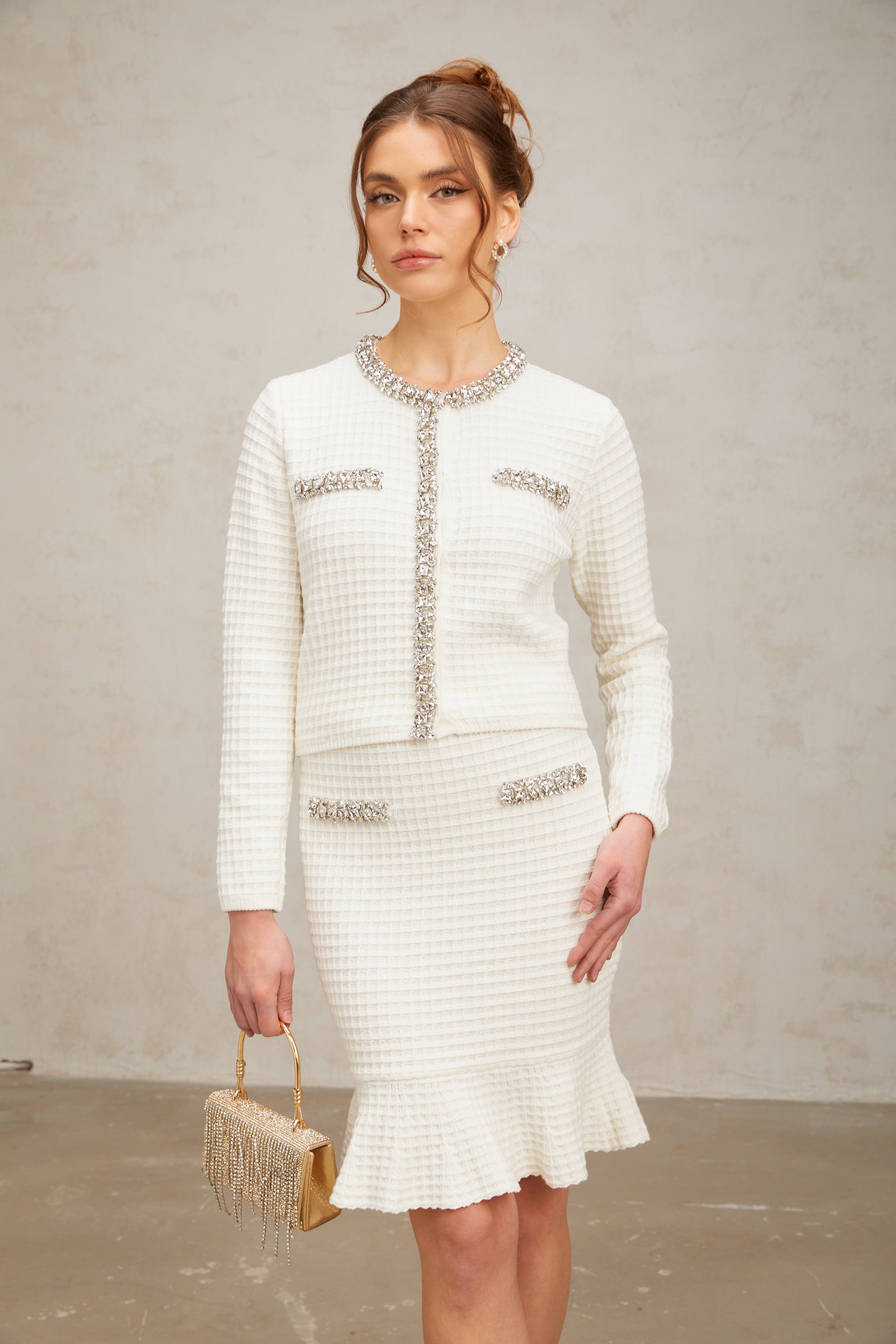 Frida white embellished waffle-knit cardigan & skirt matching set (Final Sale-US Only)