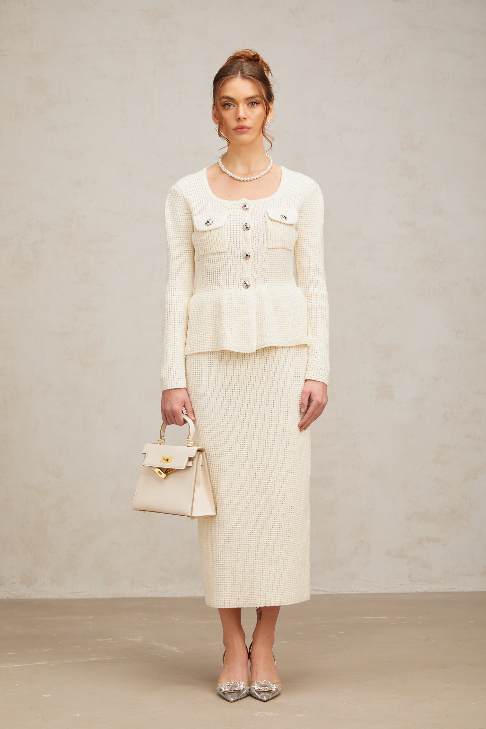 Manon white knitted top & skirt matching set
