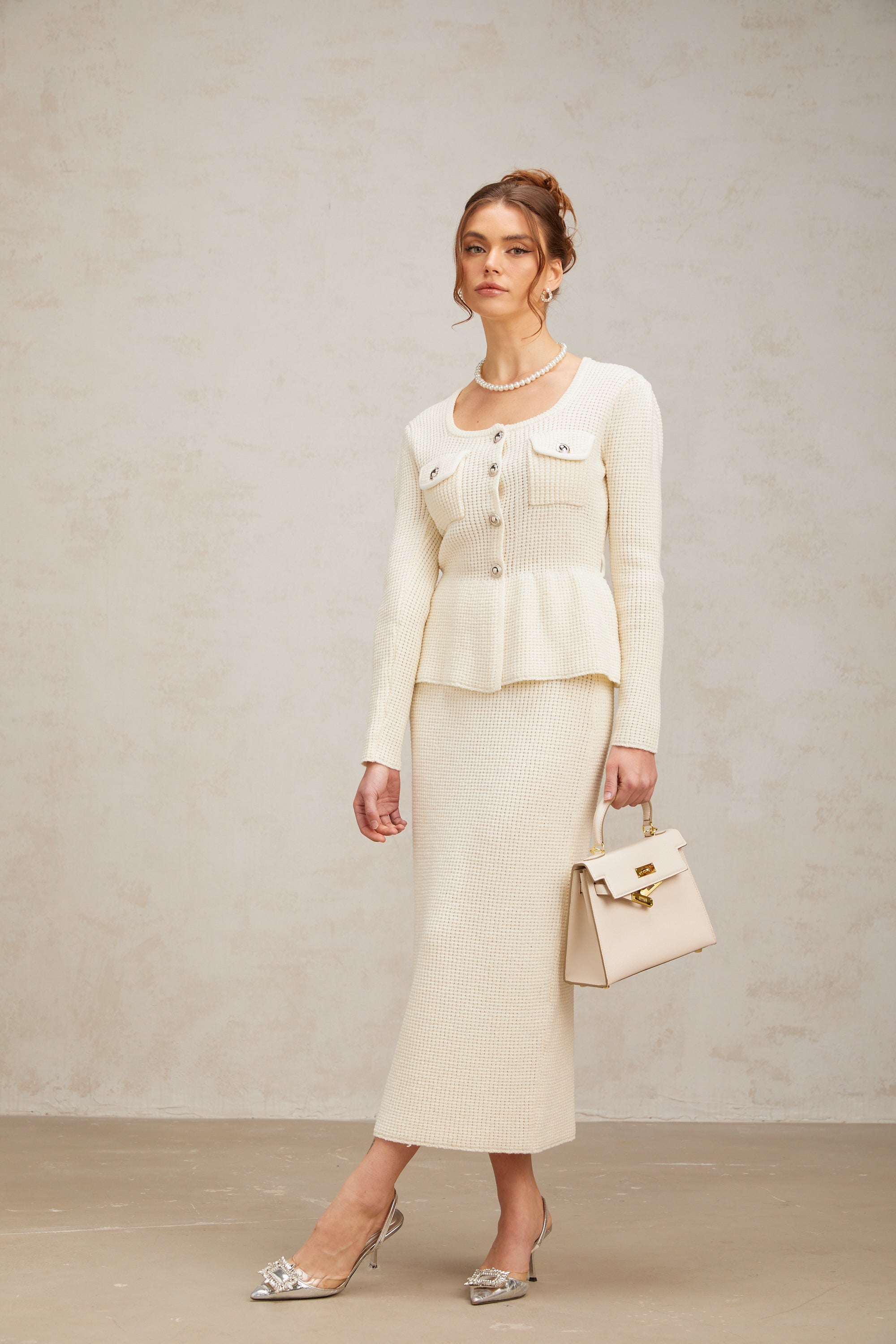 Manon white knitted top & skirt matching set