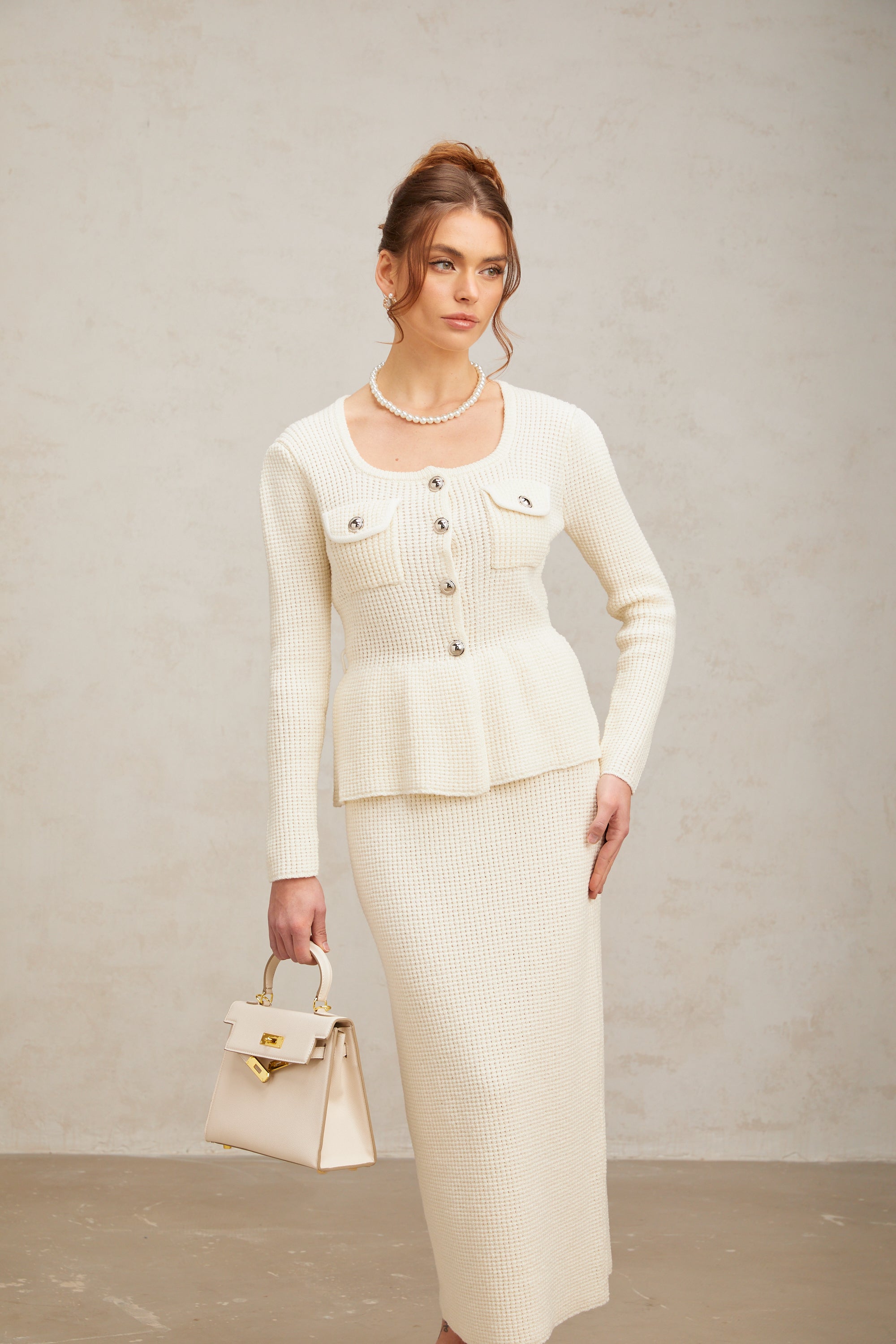 Manon white knitted top & skirt matching set