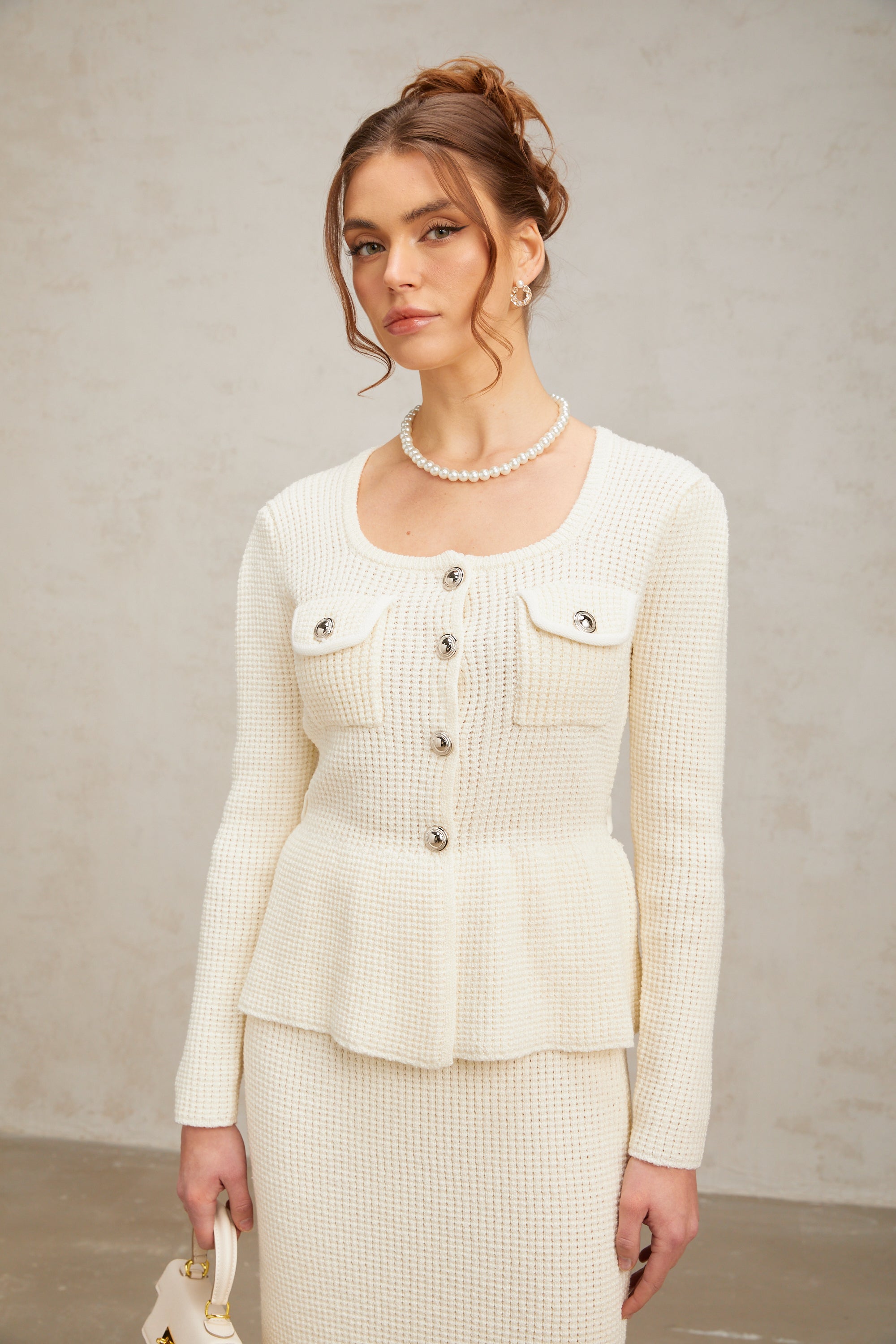 Manon white knitted top & skirt matching set