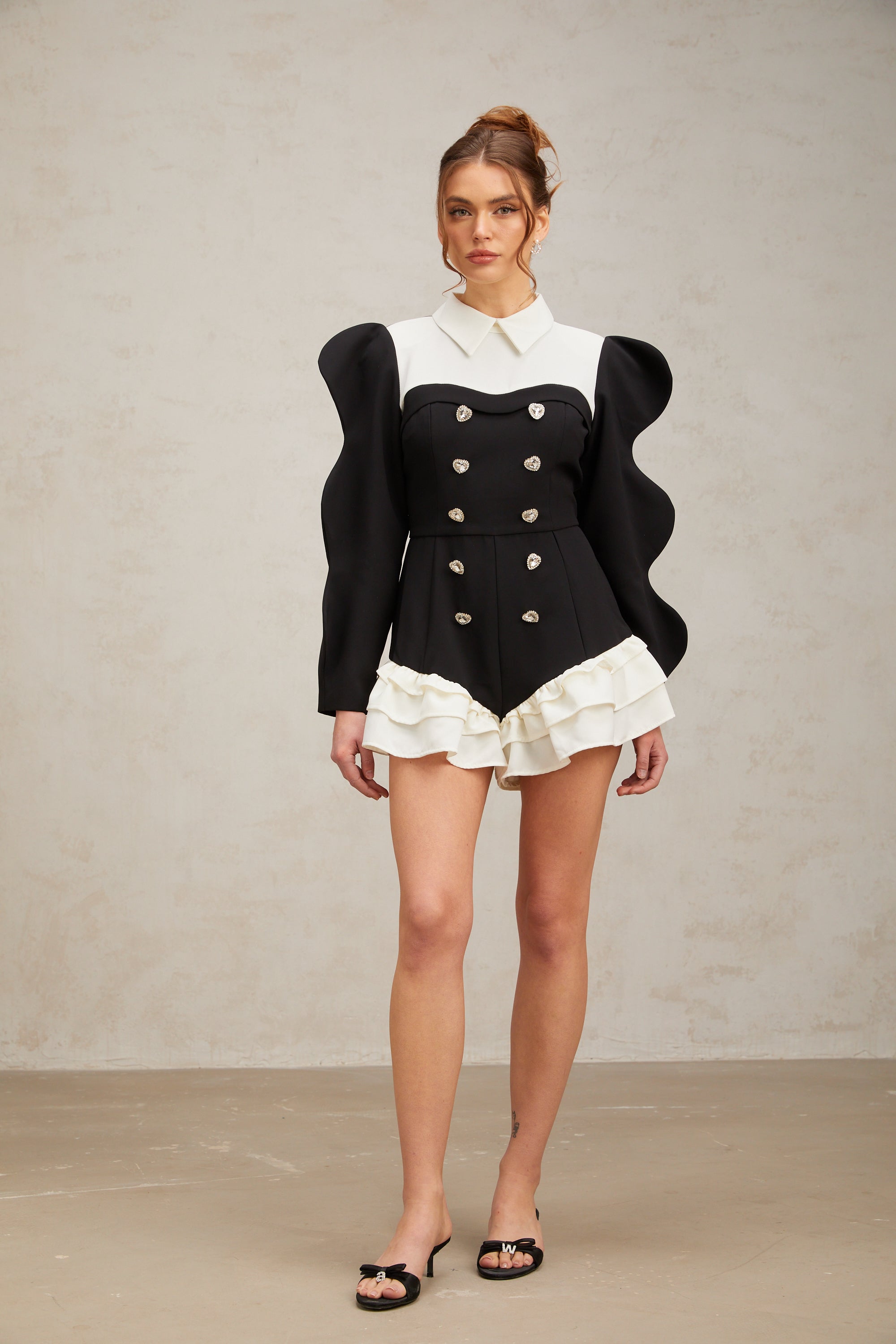 Chloe color-blocked heart-shaped-button ruffled bodysuit (US Only)