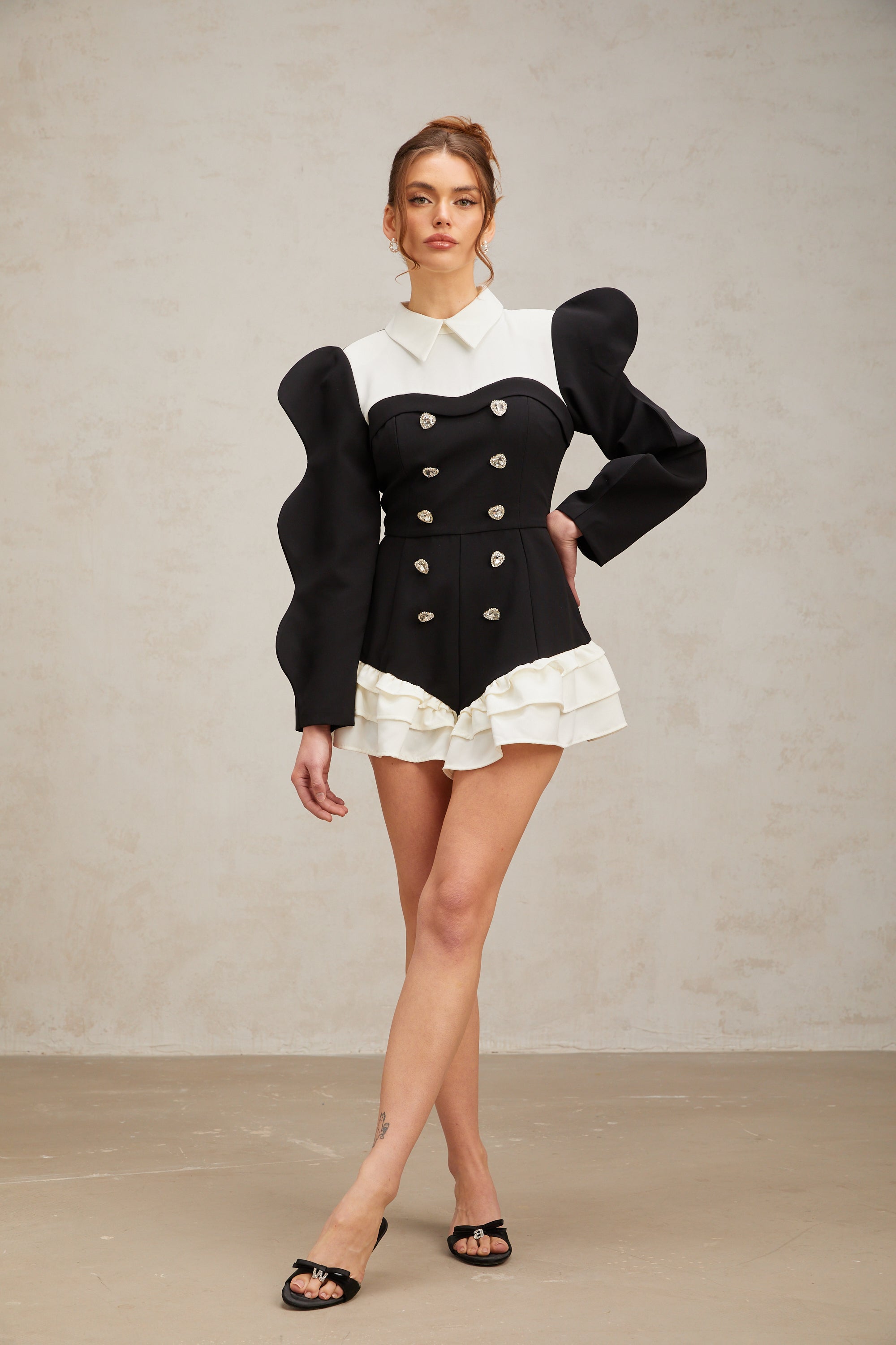 Chloe color-blocked heart-shaped-button ruffled bodysuit (US Only)
