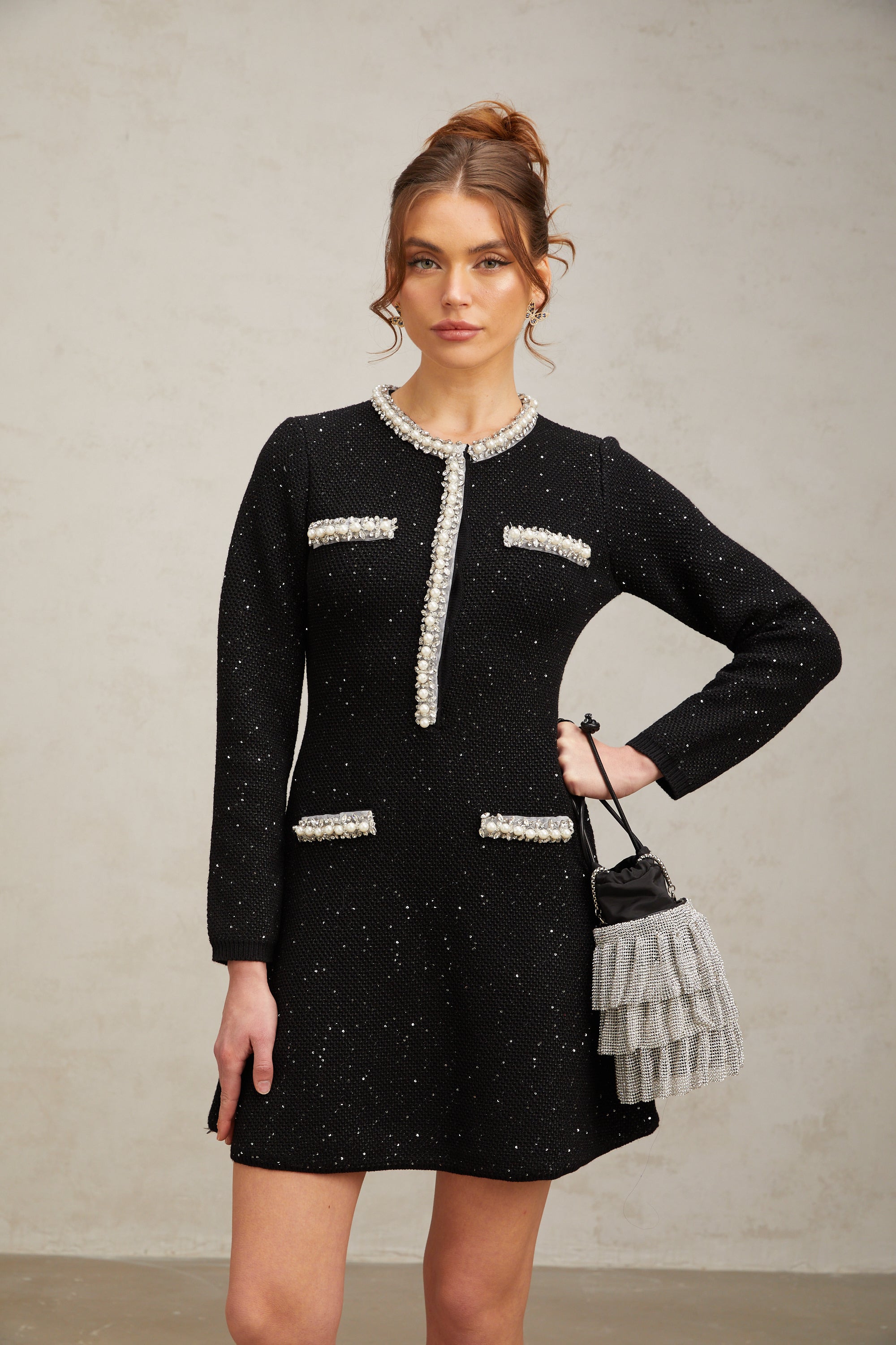 Marta black crystal sequined knit mini dress